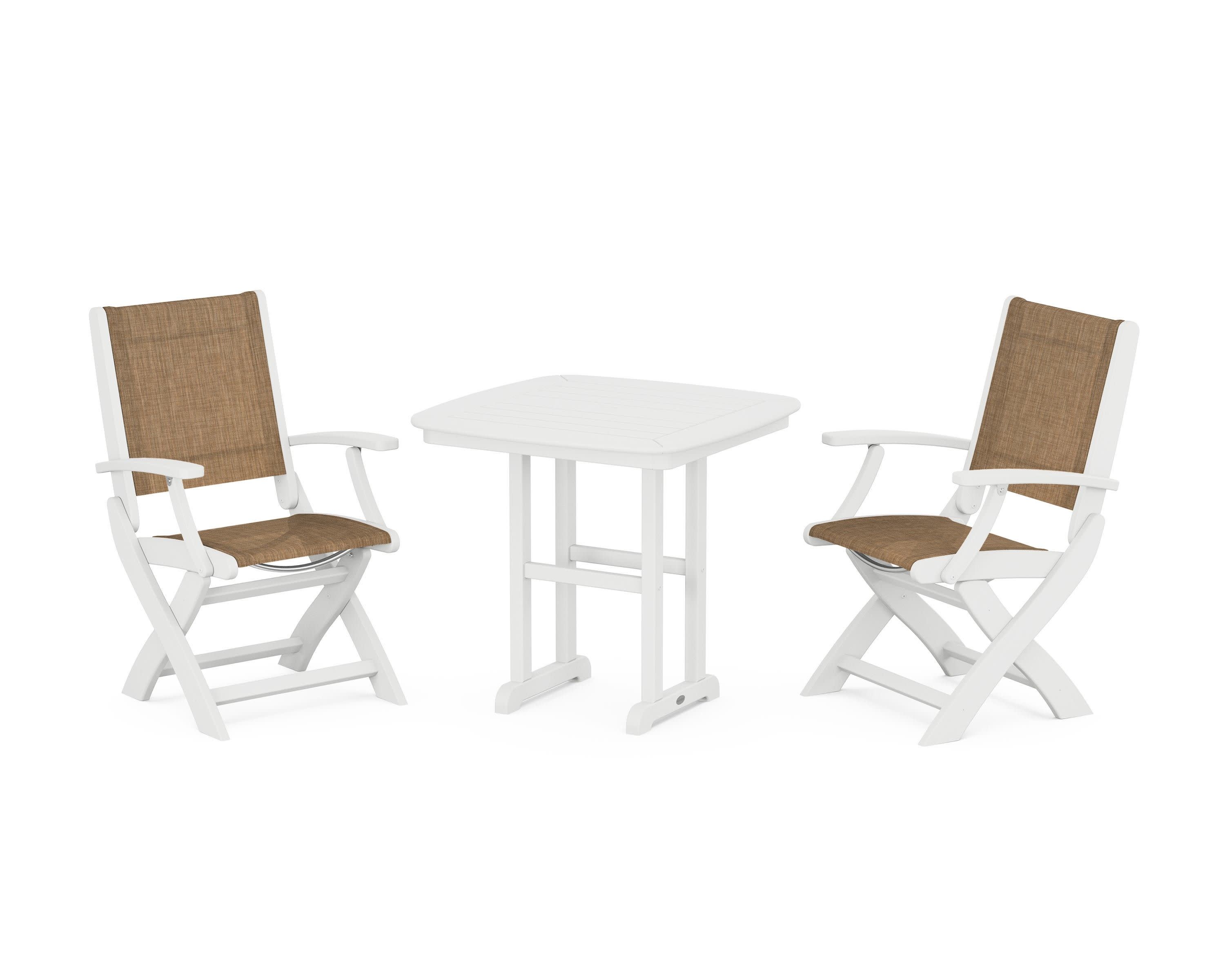 Coastal Folding Chair 3-Piece Dining Set in White / Burlap Sling