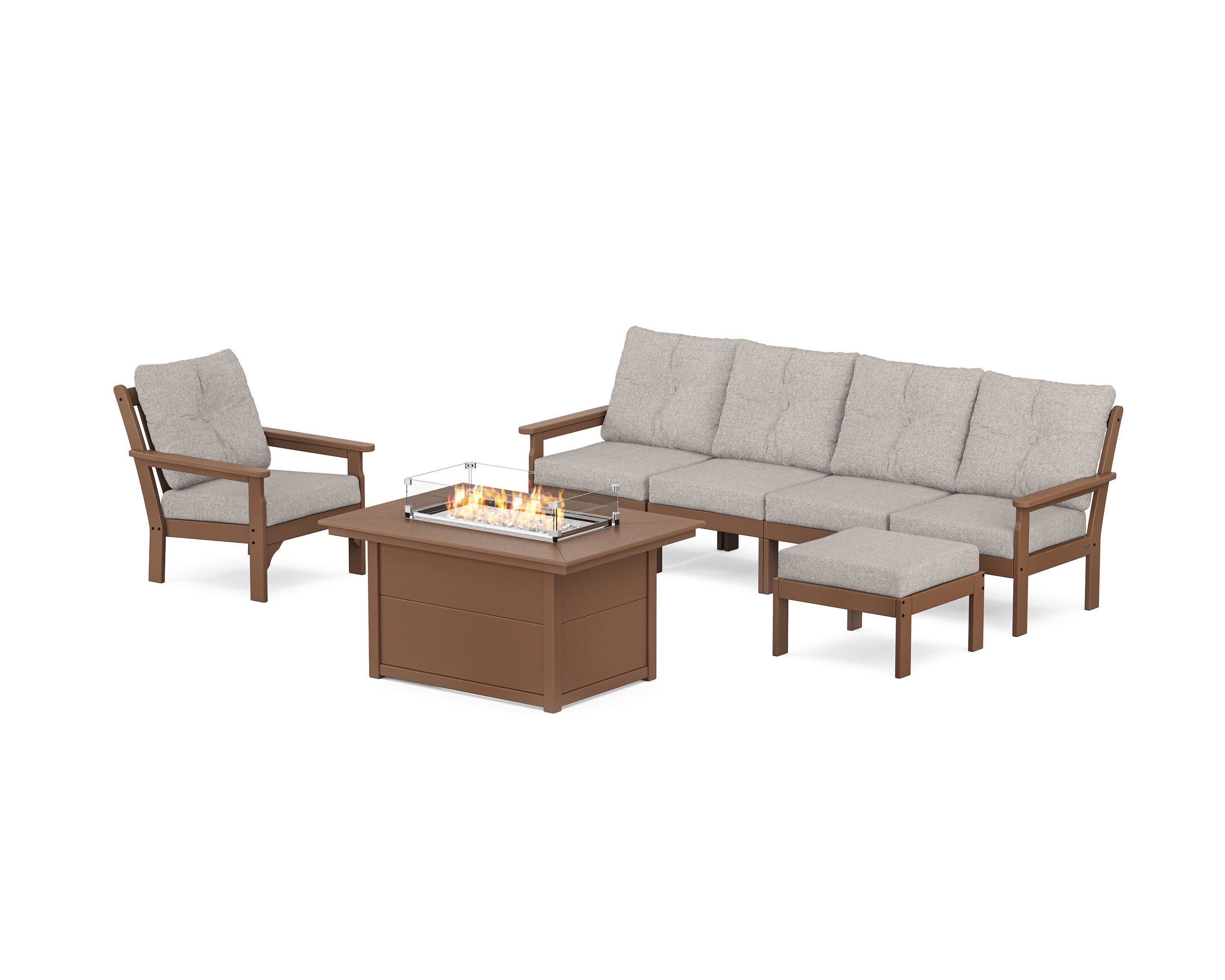 Vineyard Sectional Lounge and Fire Pit Set in Teak / Weathered Tweed