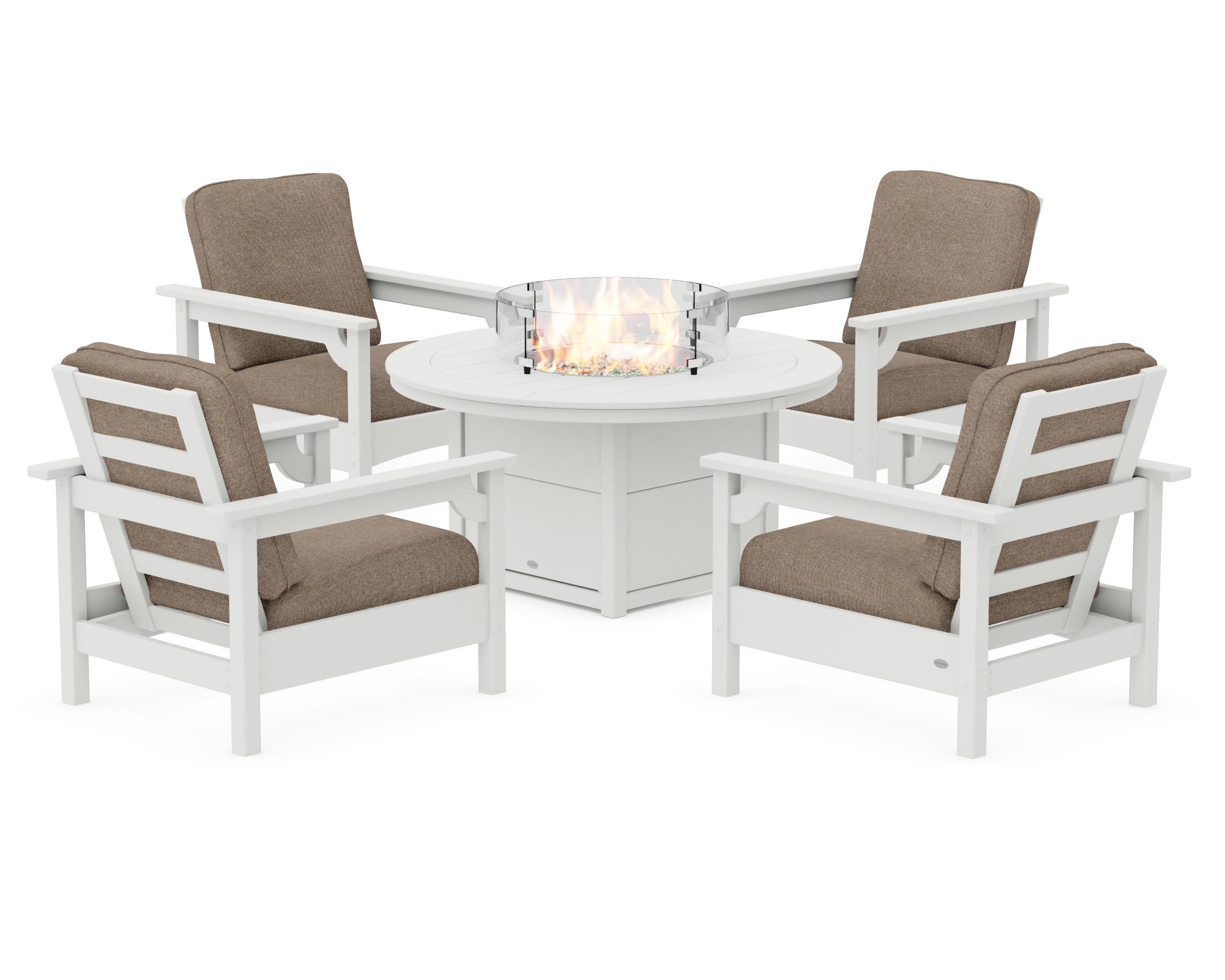 Club 5-Piece Conversation Set with Fire Pit Table in Vintage White / Spiced Burlap