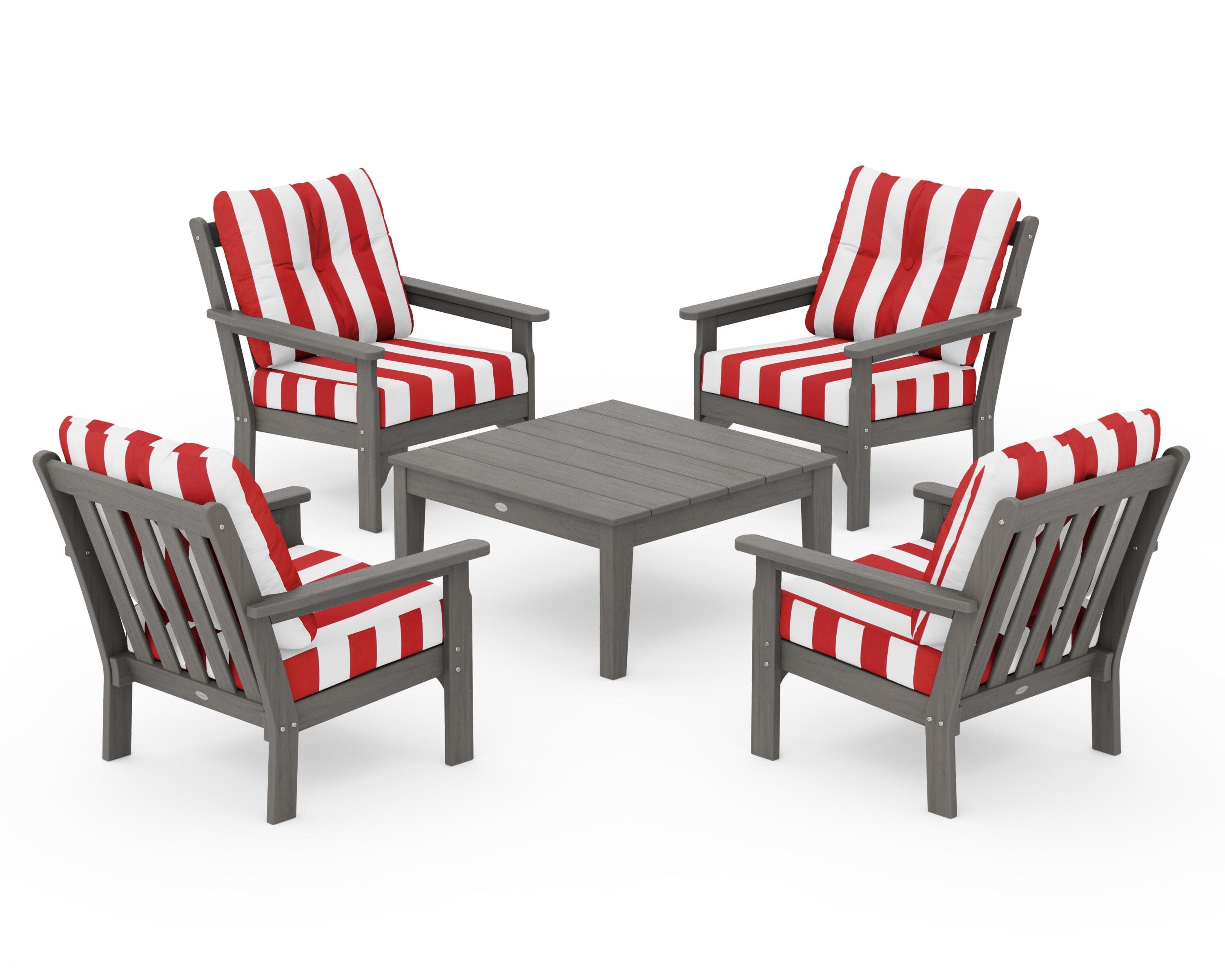 Vineyard 5-Piece Deep Seating Conversation Set in Driftwood / Cabana Stripe Crimson