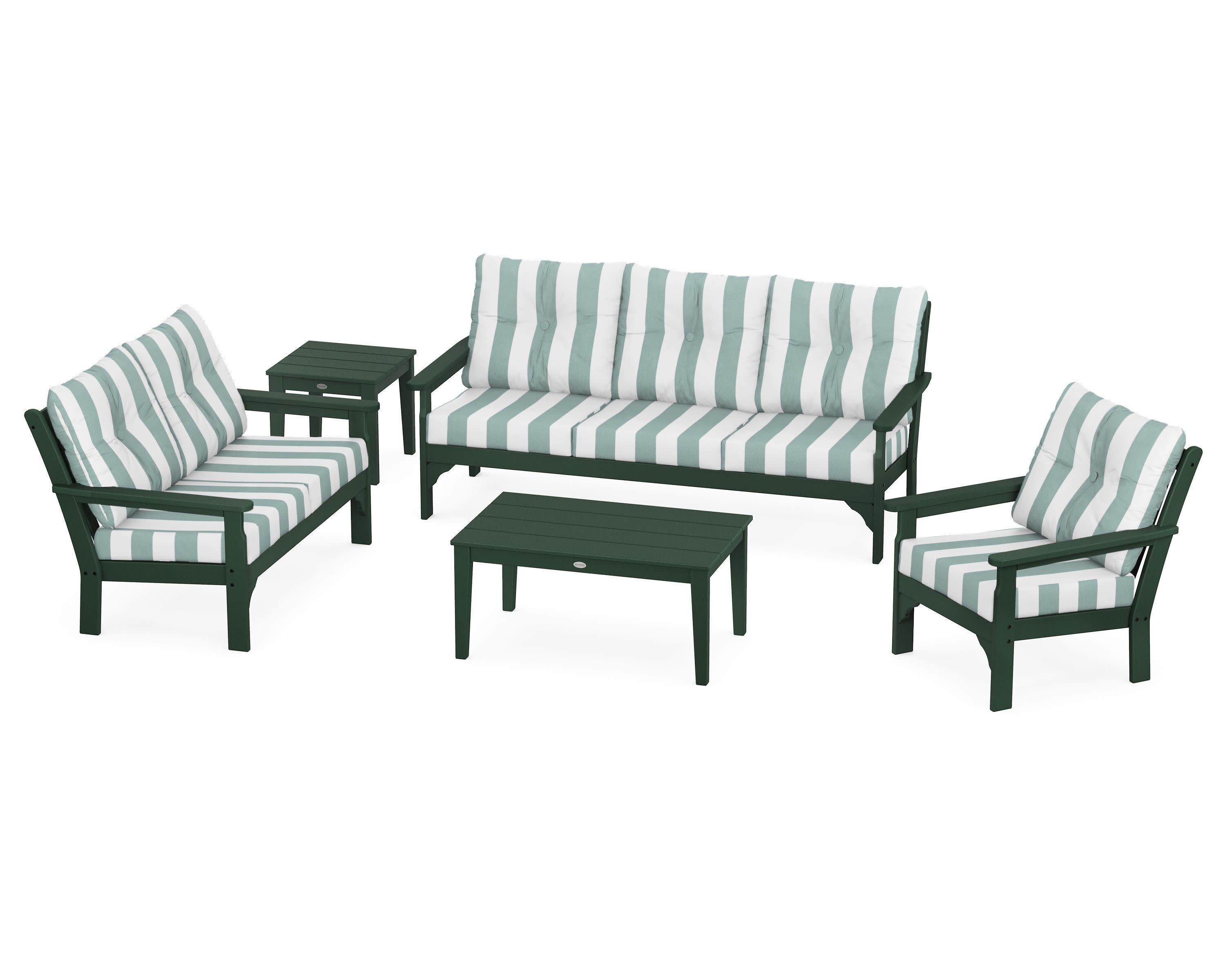 Vineyard 5 Piece Deep Seating Set in Green / Cabana Stripe Glacier Spa