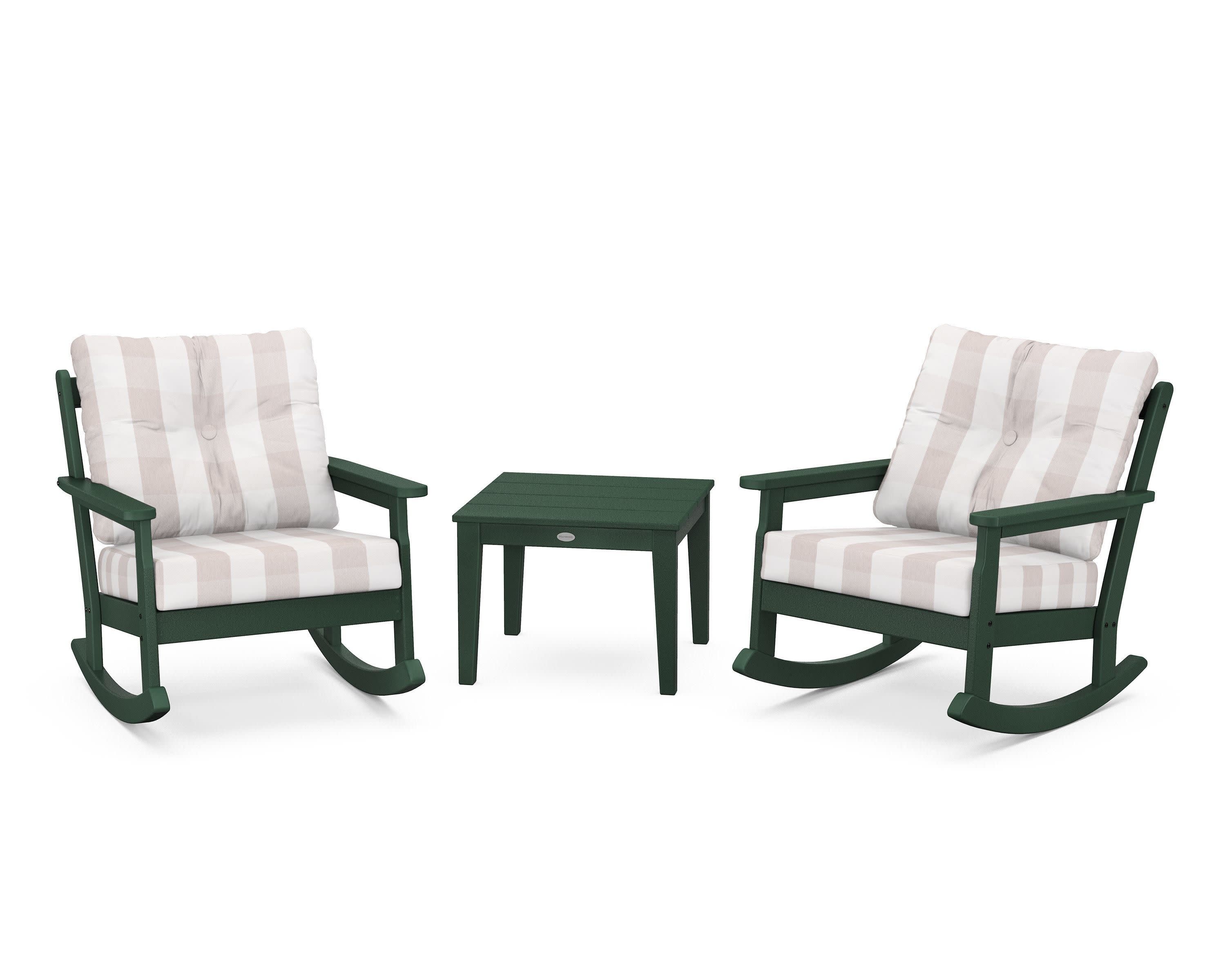 Vineyard 3-Piece Deep Seating Rocker Set in Green / Buffalo Plaid Dune Burlap