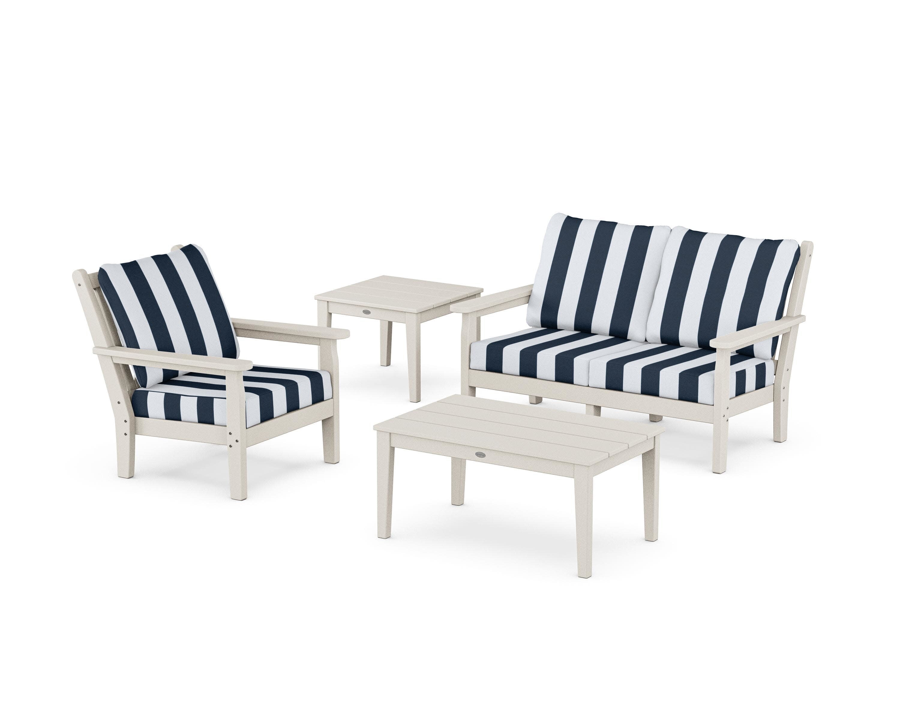 Chippendale 4-Piece Deep Seating Set in Sand / Cabana Stripe Marine Indigo