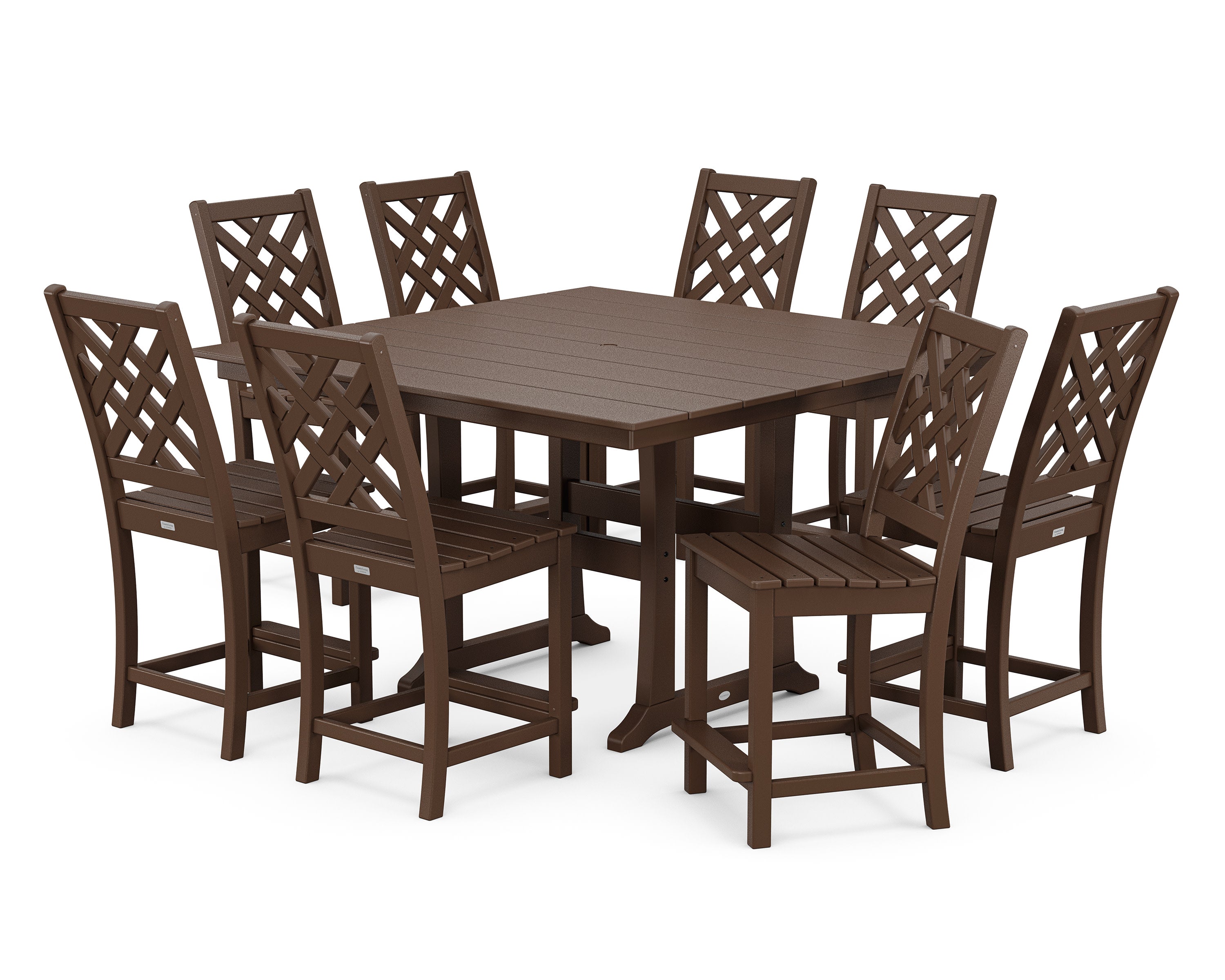 Wovendale Side Chair 9-Piece Square Farmhouse Counter Set with Trestle Legs in Mahogany
