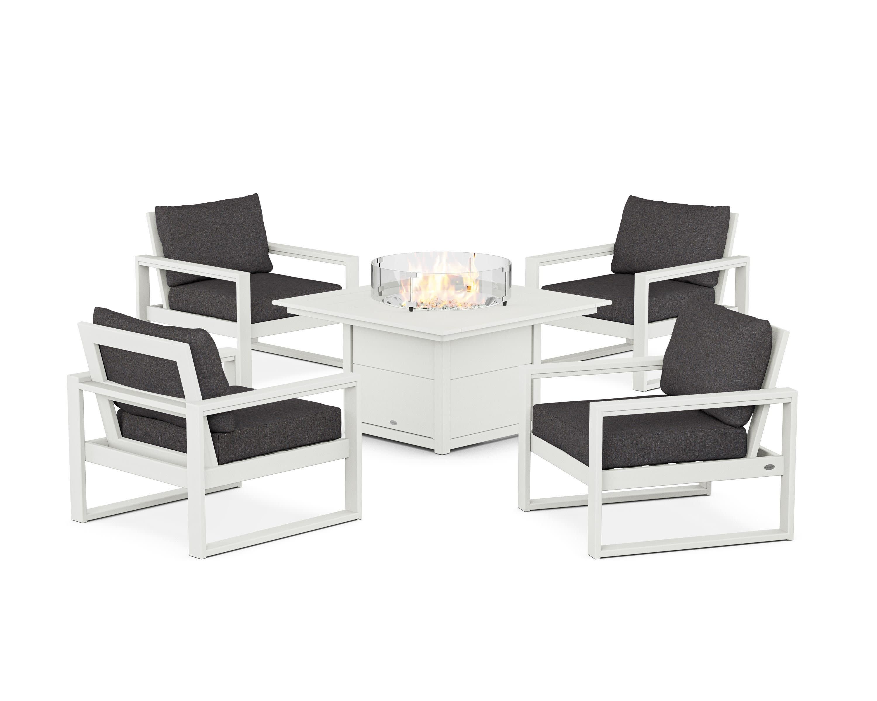 EDGE Sectional 5-Piece Deep Seating Set with Fire Pit Table in Vintage White / Ash Charcoal