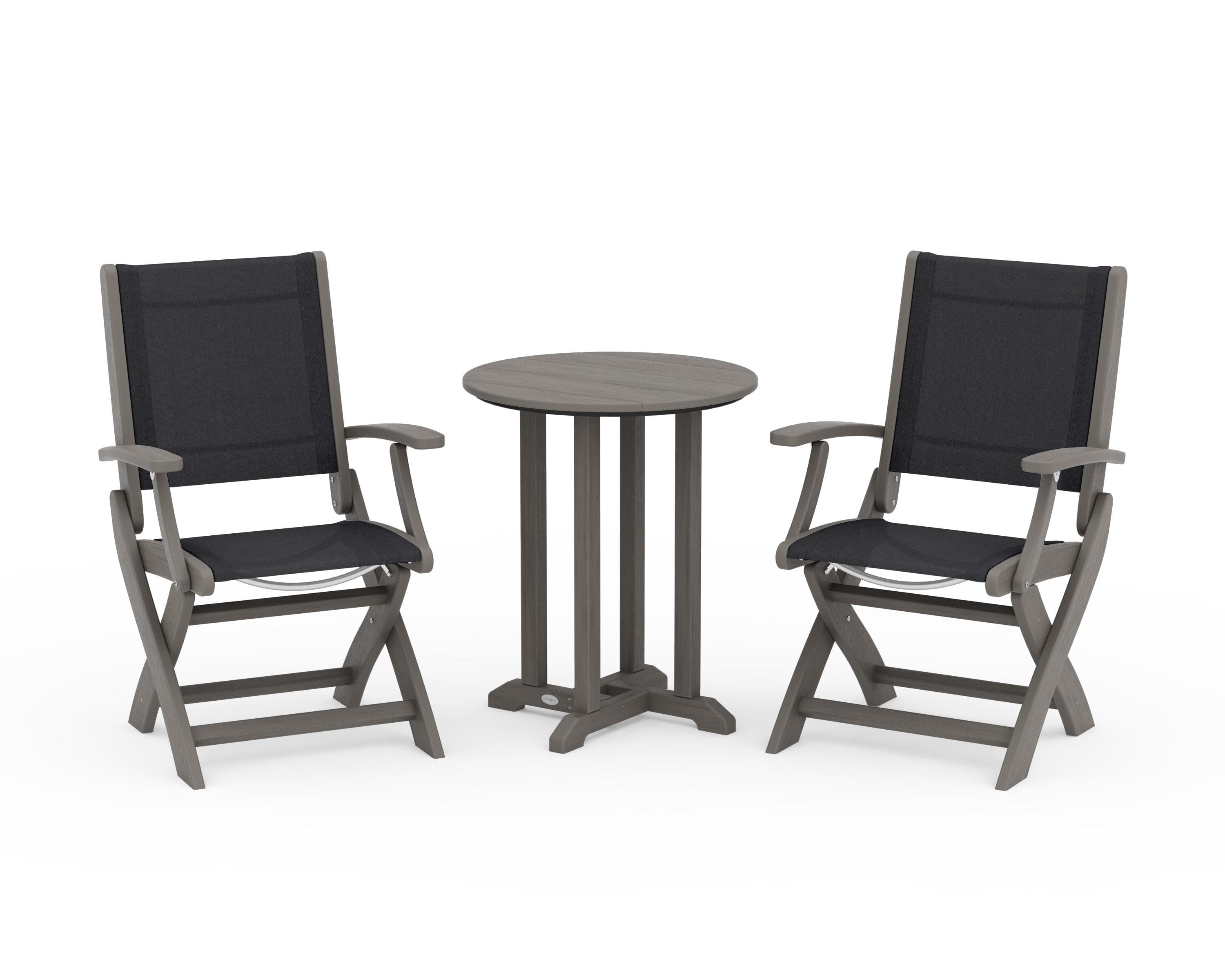 Coastal Folding 3-Piece Round Bistro Dining Set in Driftwood / Black Sling