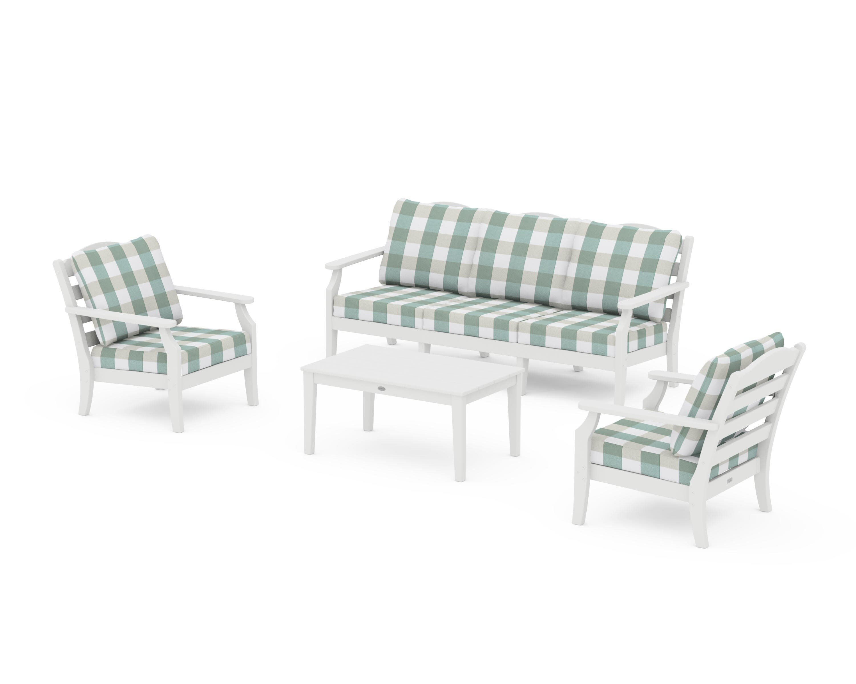Savannah 4-Piece Deep Seating Set with Sofa in White / Buffalo Plaid Glacier Spa