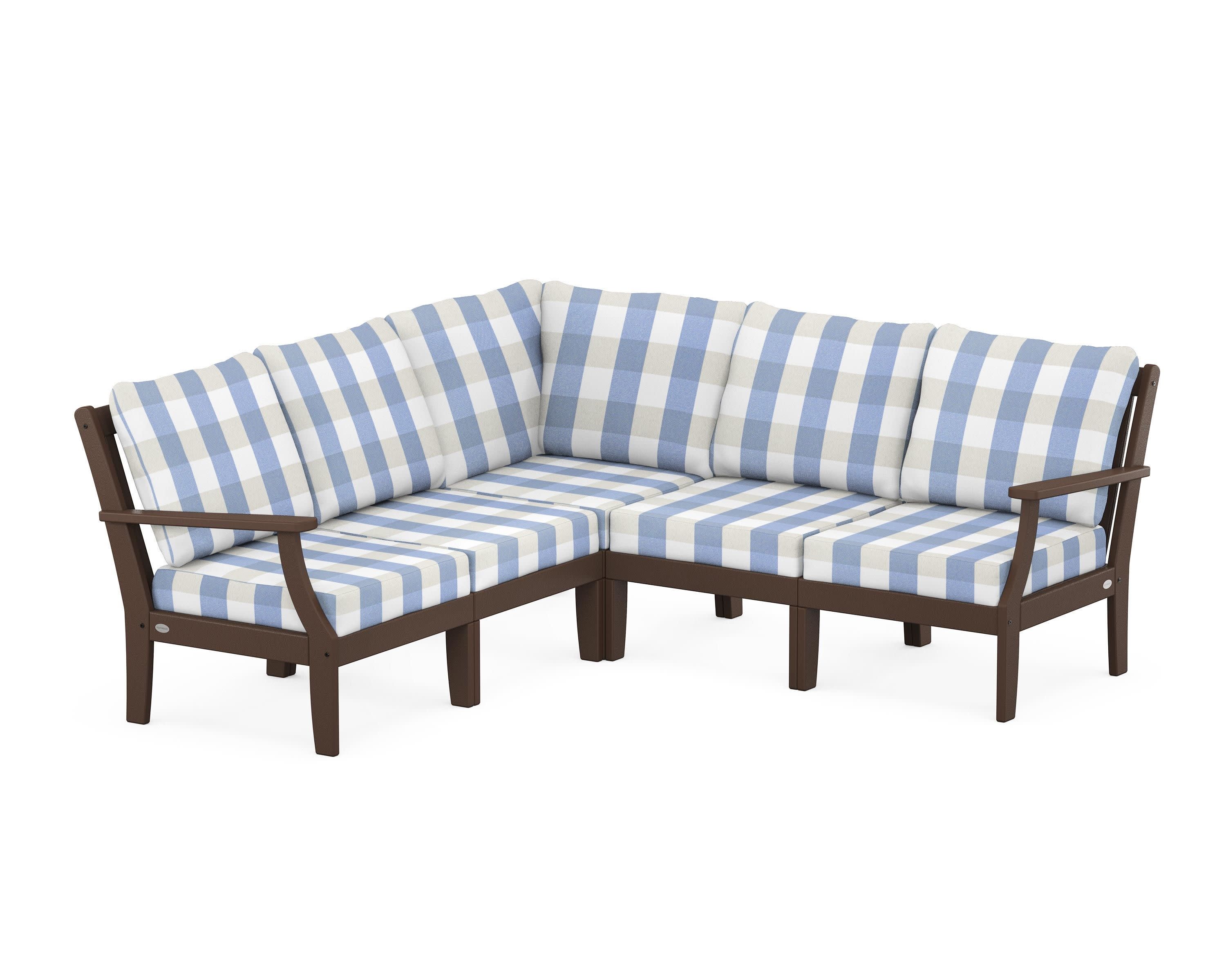 Braxton Modular 5-Piece Deep Seating Set in Mahogany / Buffalo Plaid Sky Blue