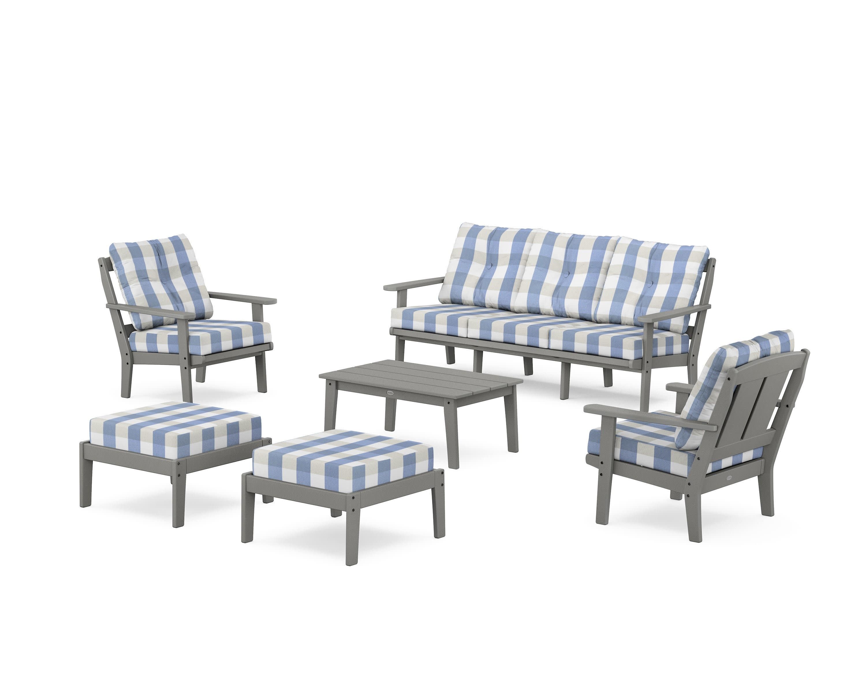 Mission 6-Piece Lounge Sofa Set in Slate Grey / Buffalo Plaid Sky Blue