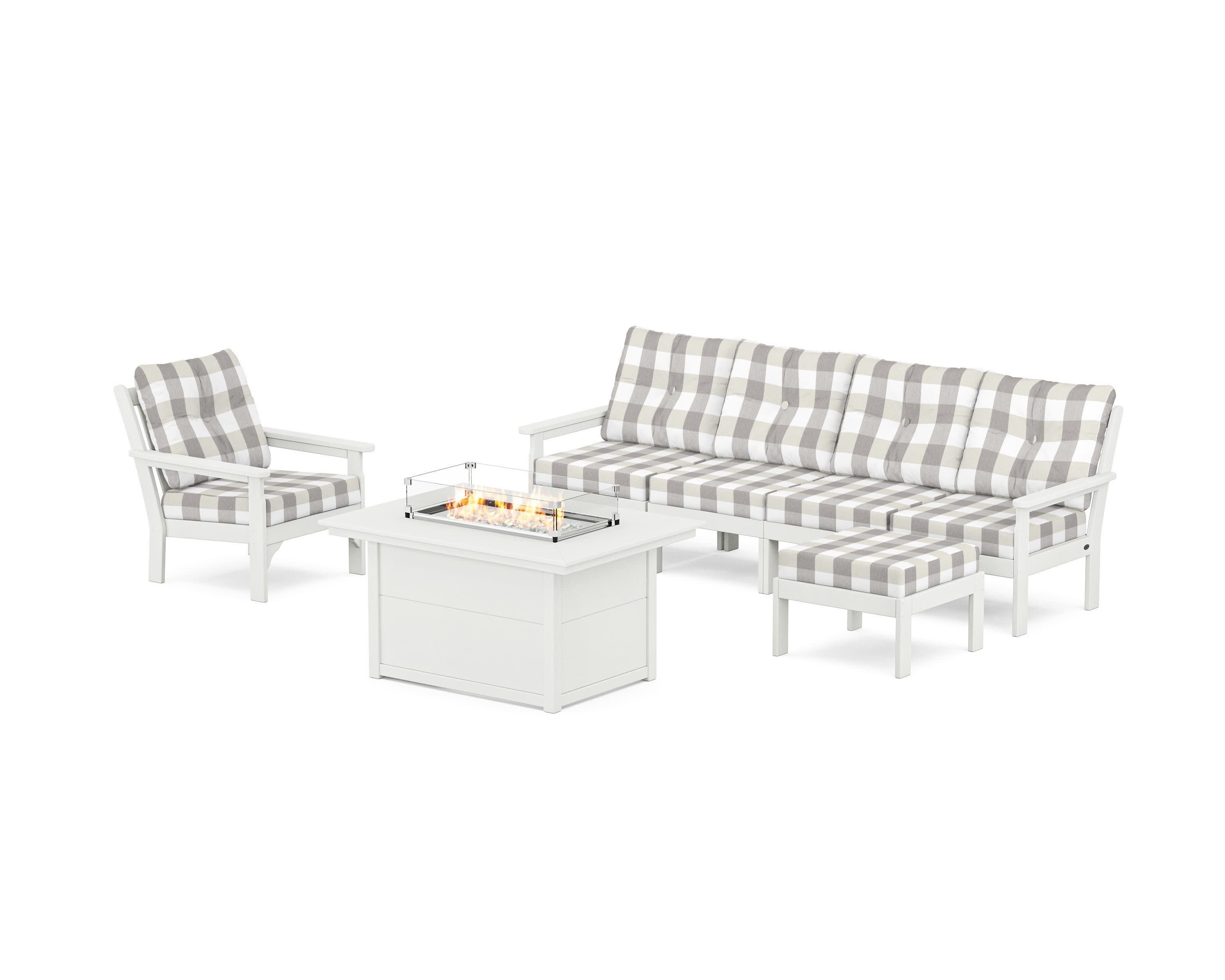 Vineyard Sectional Lounge and Fire Pit Set in Vintage White / Buffalo Plaid Grey Mist