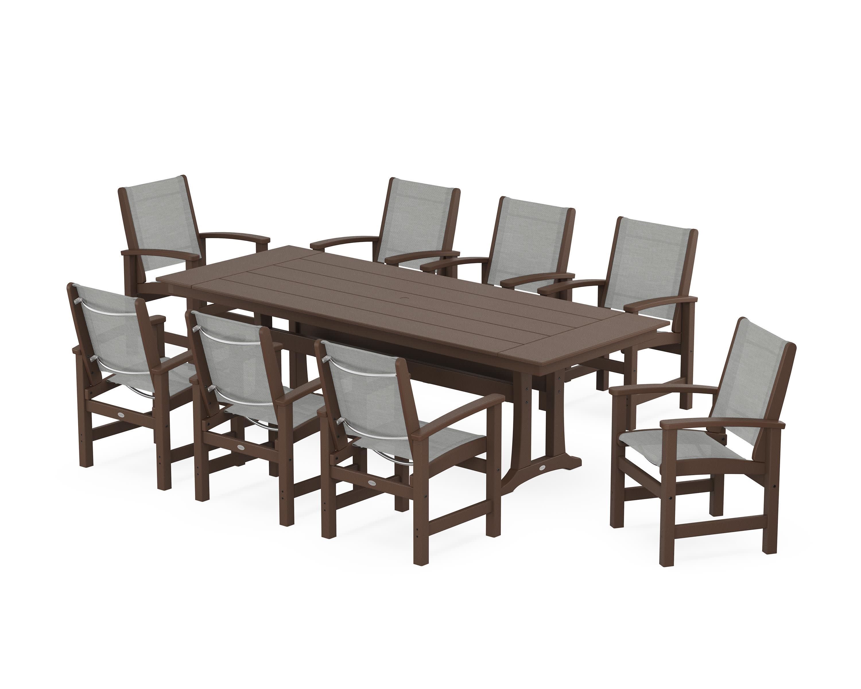 Coastal 9-Piece Farmhouse Dining Set with Trestle Legs in Mahogany / Metallic Sling