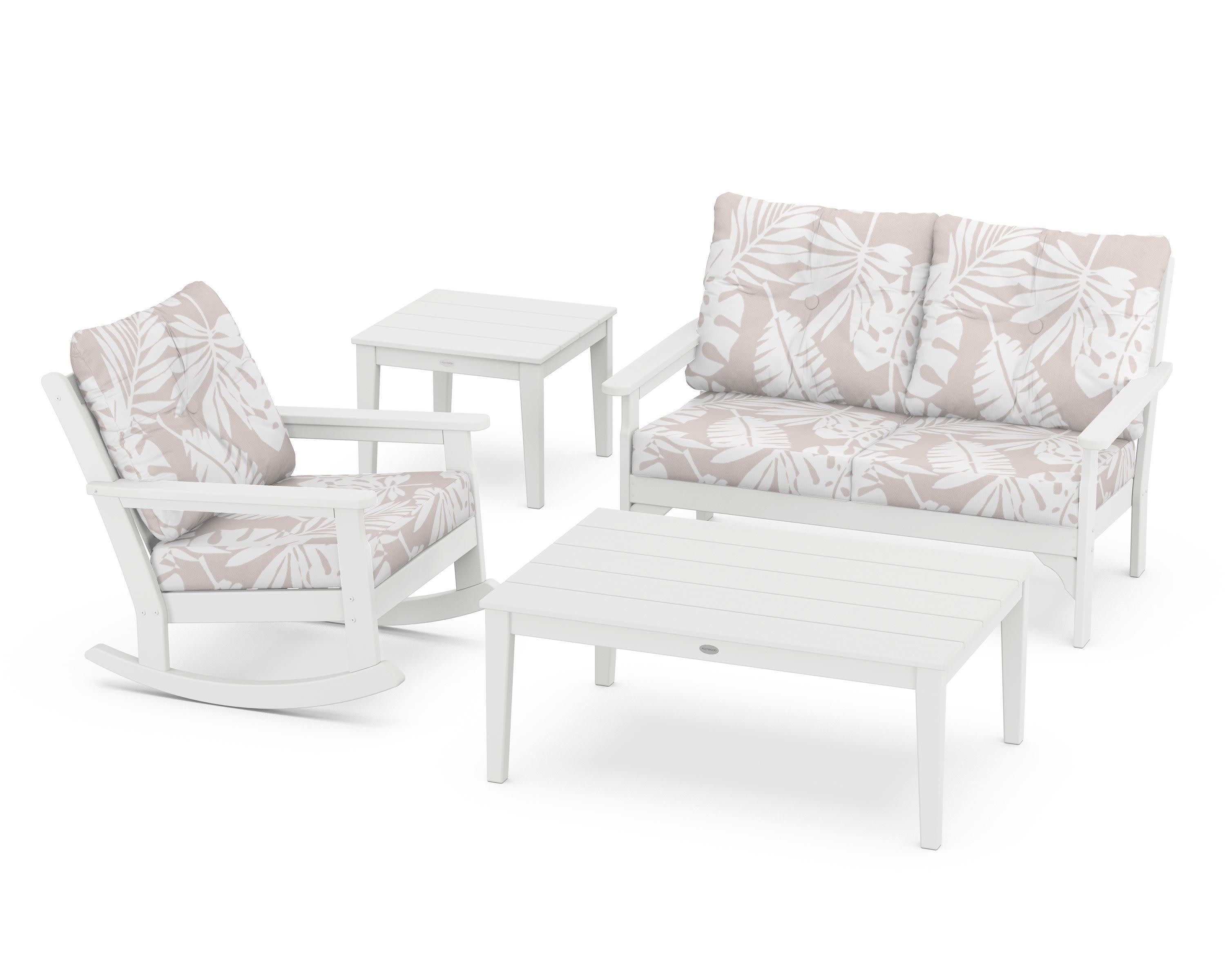Vineyard 4-Piece Deep Seating Rocker Set in White / Leaf Dune Burlap