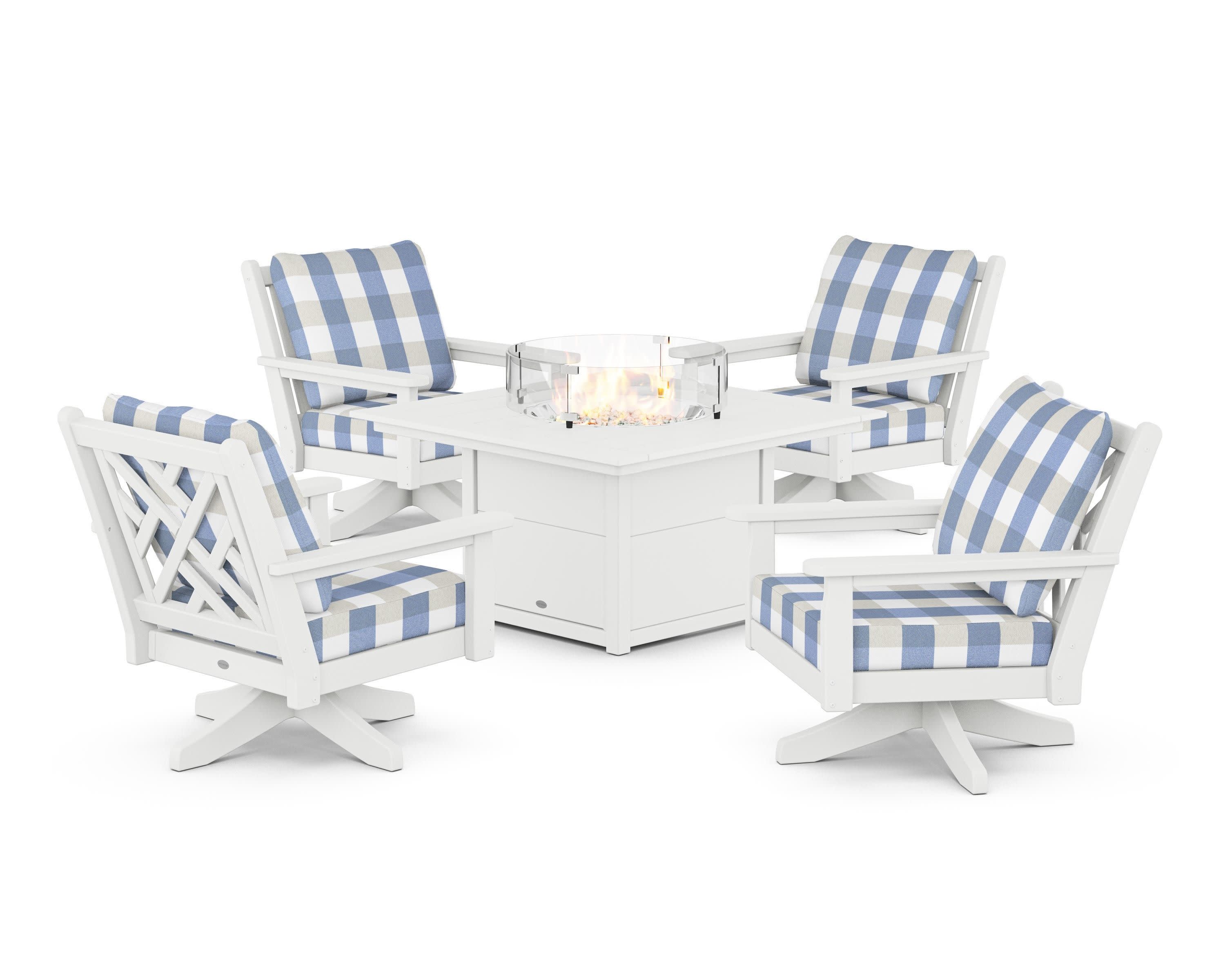 Chippendale 5-Piece Deep Seating Swivel Conversation Set with Fire Pit Table in White / Buffalo Plaid Sky Blue