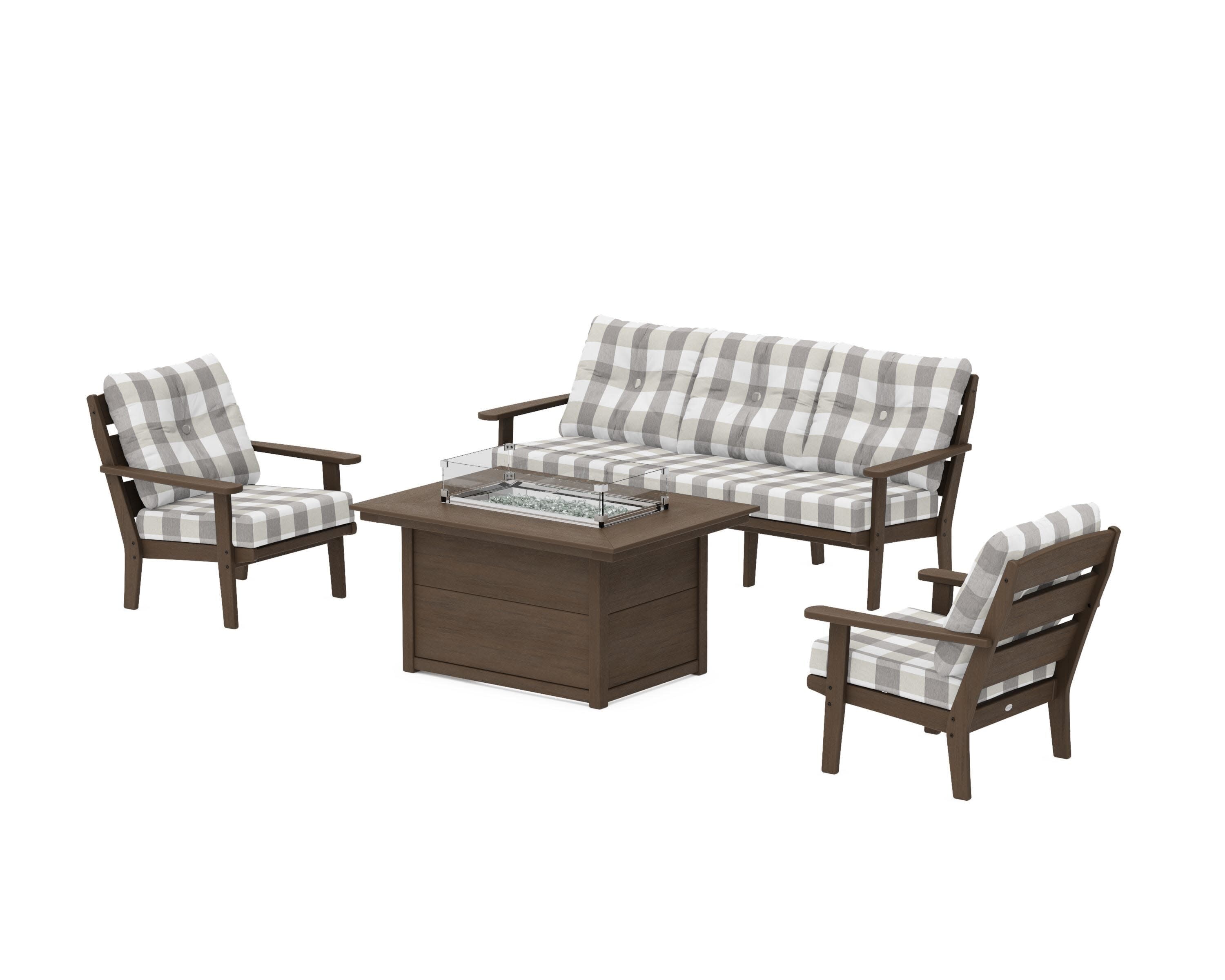 Lakeside Deep Seating Fire Pit Table Set in Kona / Buffalo Plaid Grey Mist