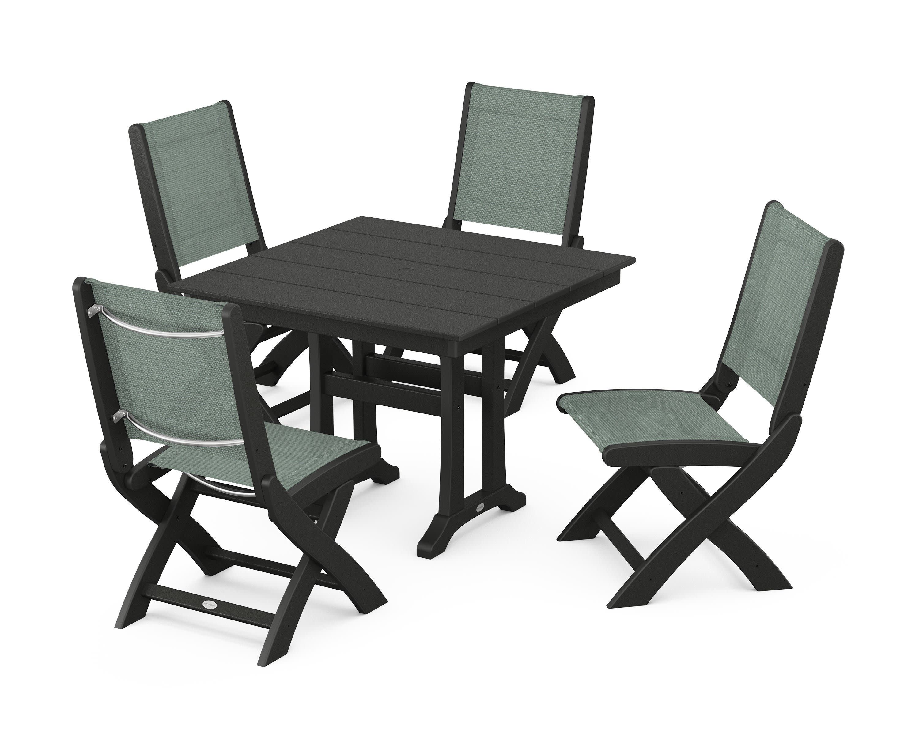 Coastal Folding Side Chair 5-Piece Farmhouse Dining Set With Trestle Legs in Black / Dupioni Sea Mist Sling