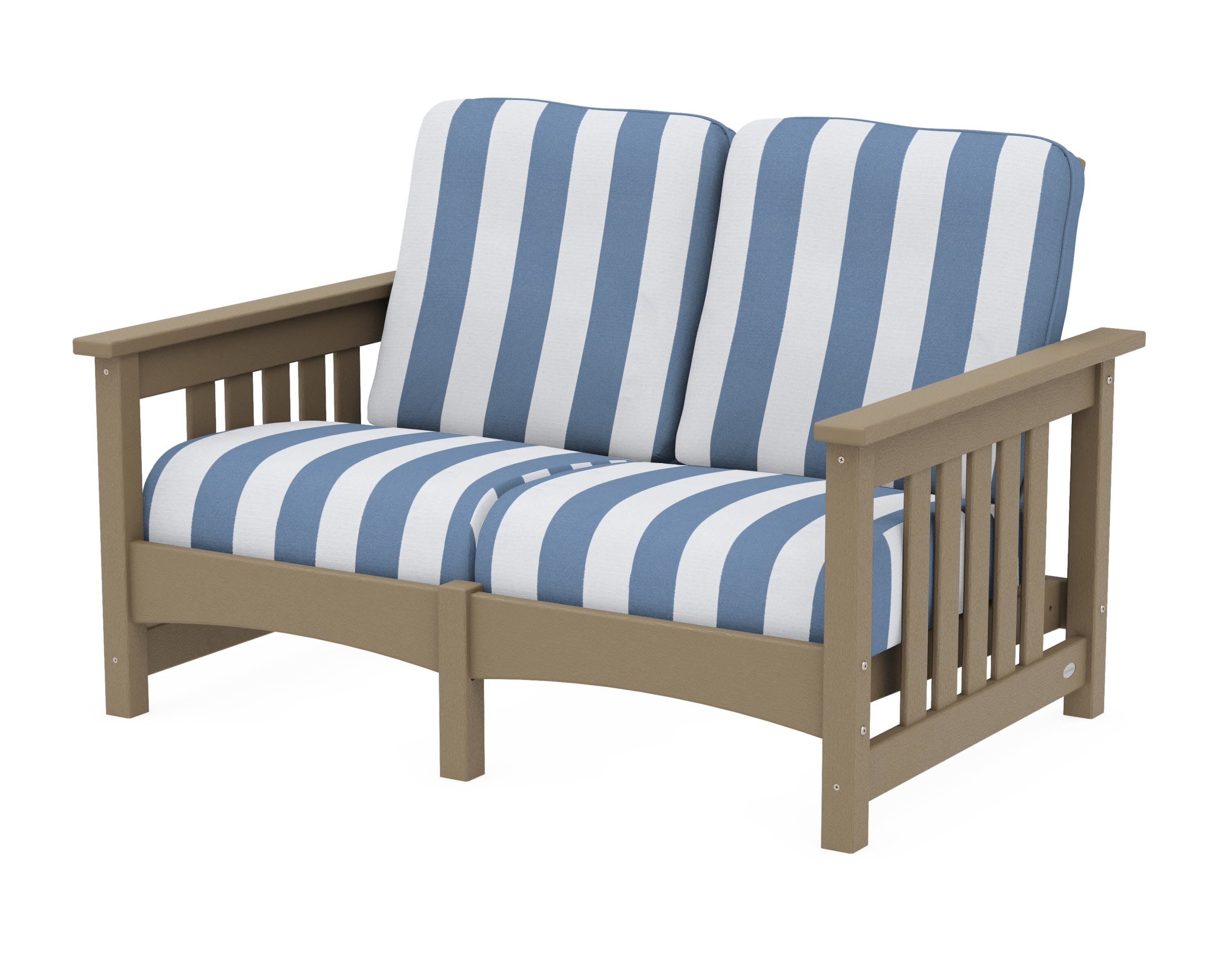 Club Mission Loveseat in Vintage Sahara / Cabana Stripe Sky Blue