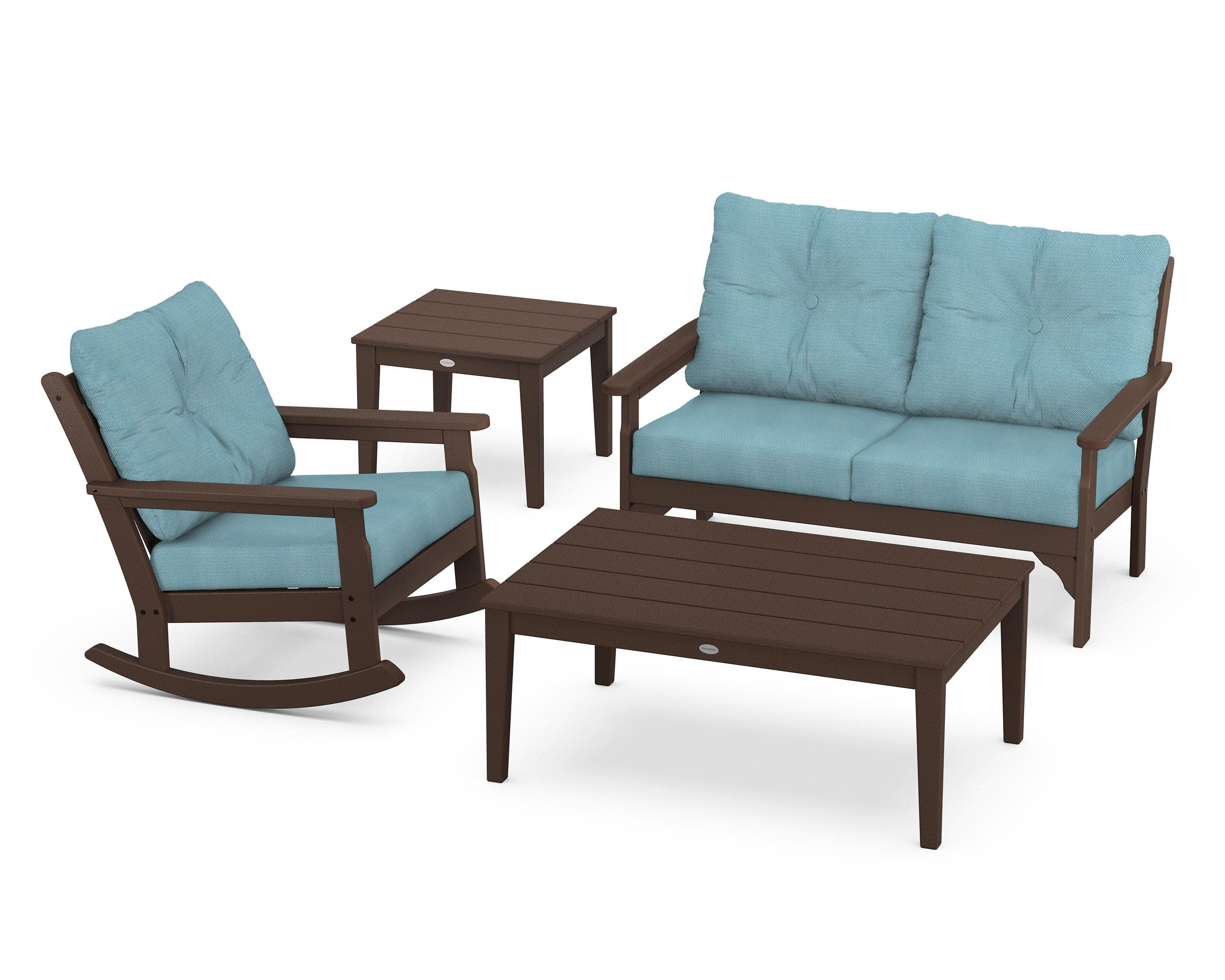 Vineyard 4-Piece Deep Seating Rocker Set in Mahogany / Lattice Sky Blue