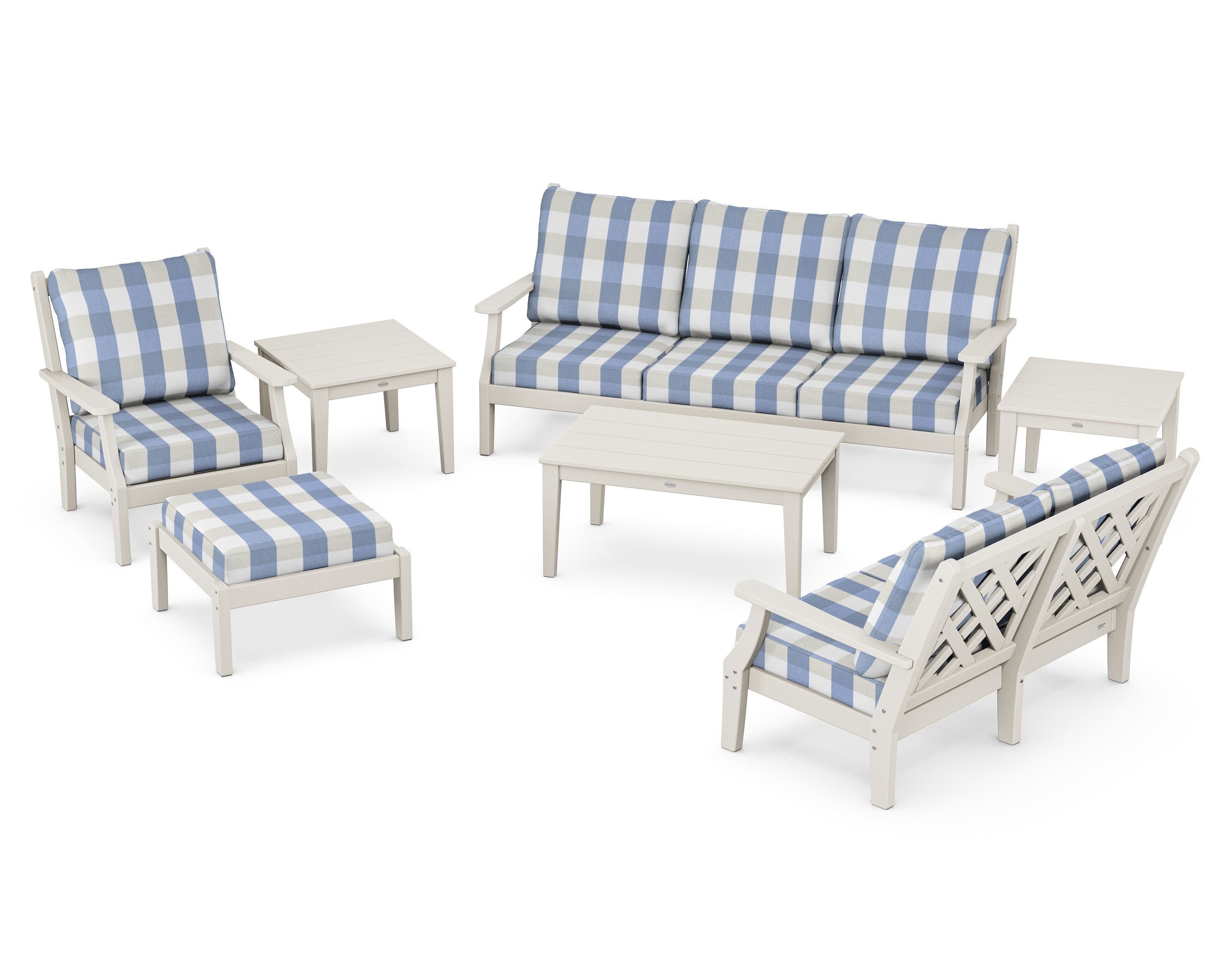 Wovendale 7-Piece Deep Seating Set in Sand / Buffalo Plaid Sky Blue