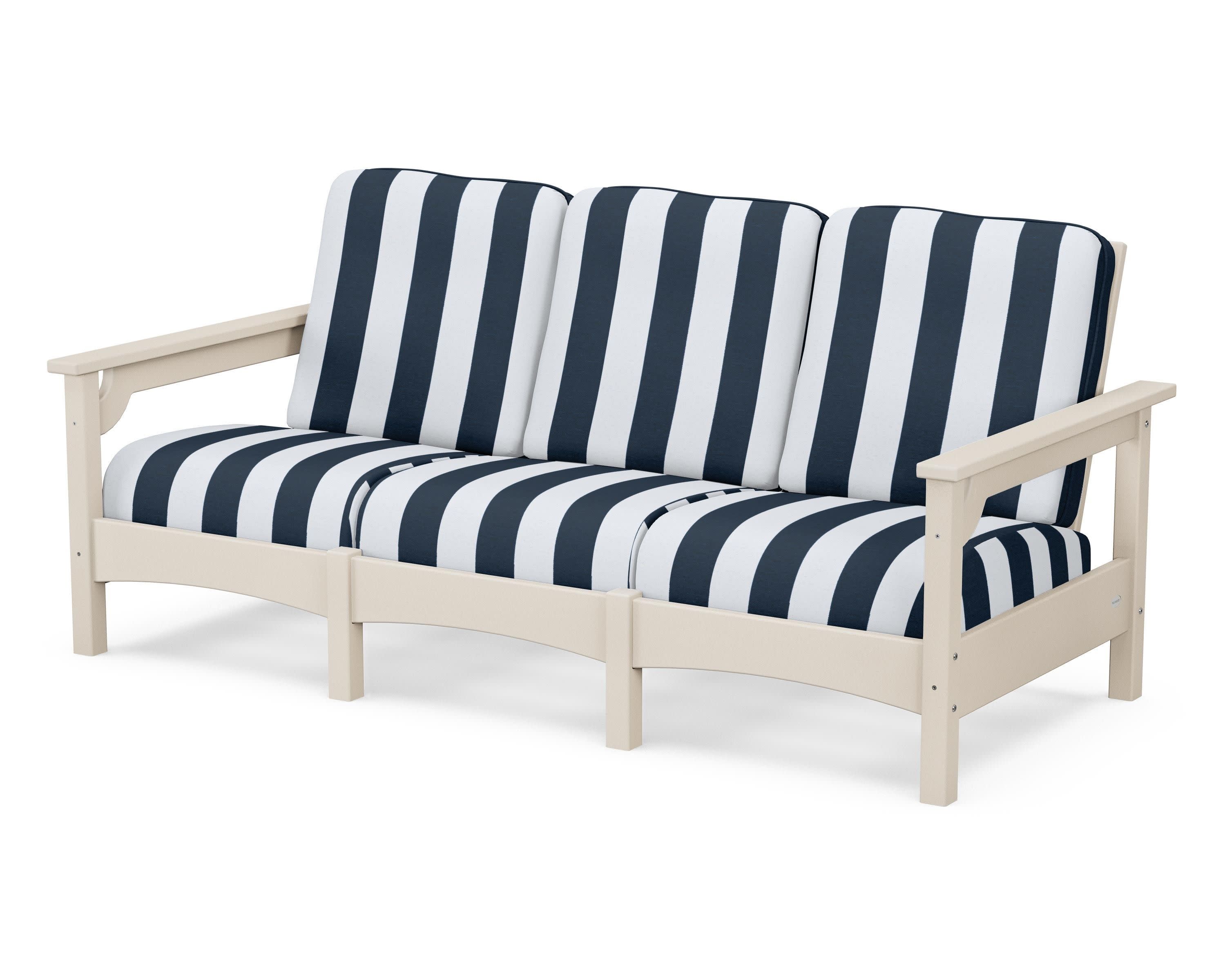 Club Sofa in Sand / Cabana Stripe Marine Indigo