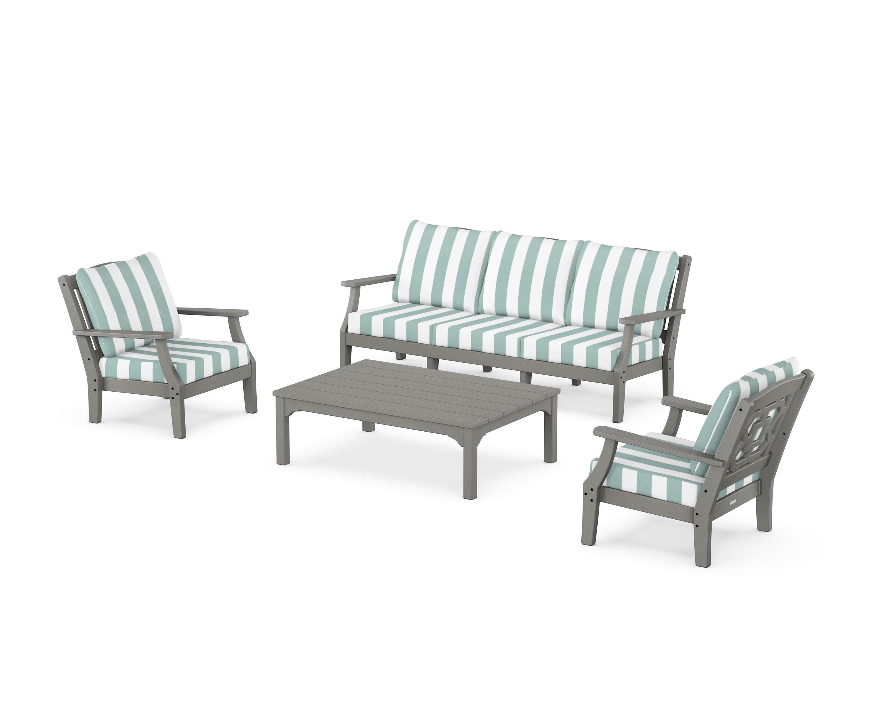 Chinoiserie 4-Piece Deep Seating Set with Sofa in Slate Grey / Cabana Stripe Glacier Spa