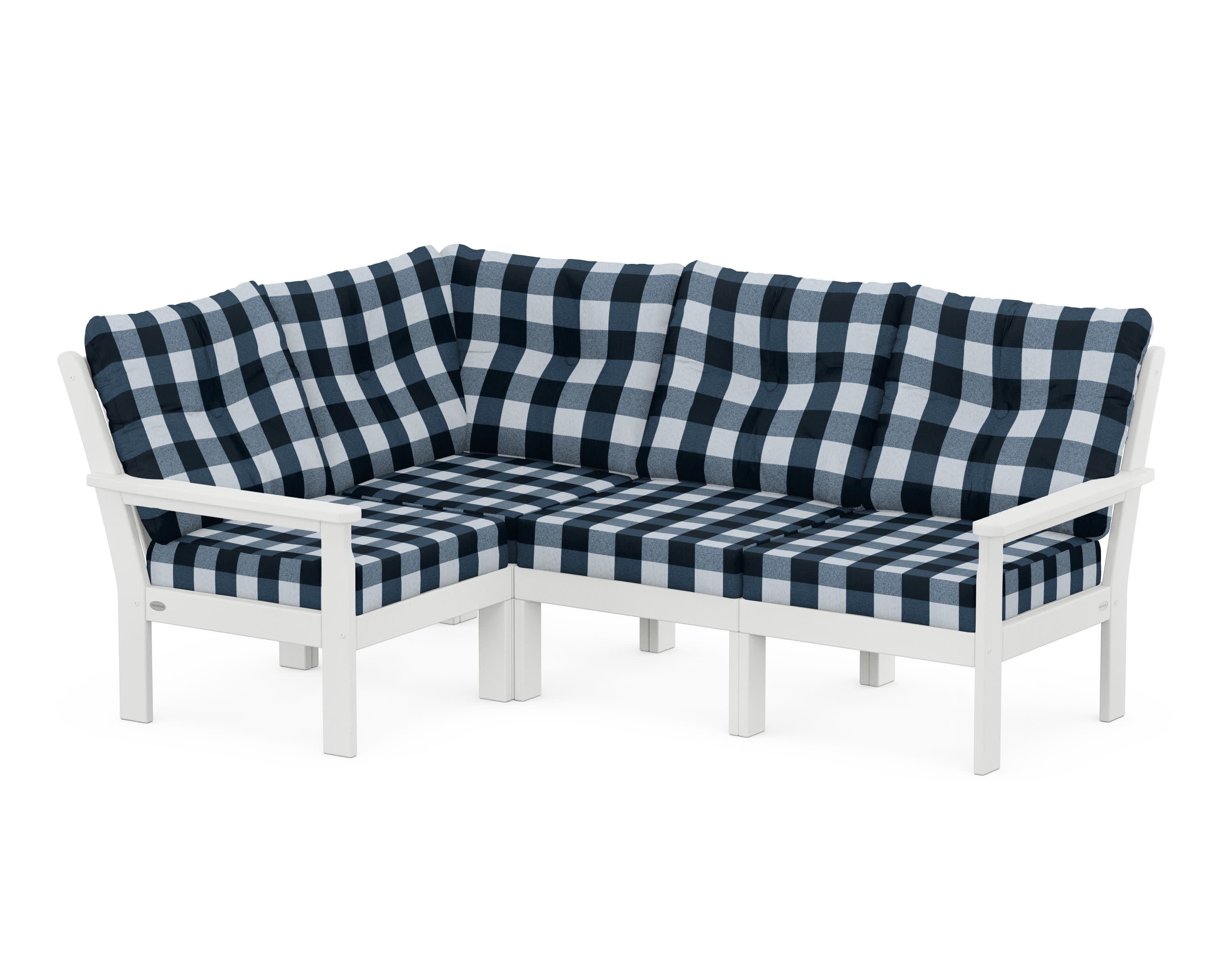Vineyard 4-Piece Sectional in White / Buffalo Plaid Marine Indigo