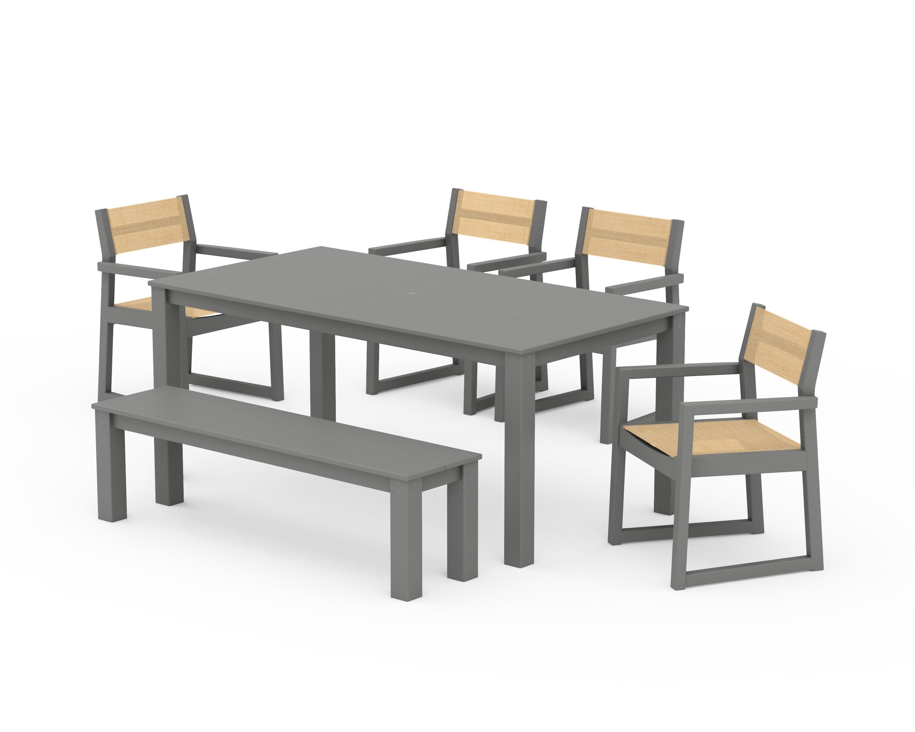 EDGE Sling Arm Chair 6-Piece Parsons Dining Set with Bench in Slate Grey / Dupioni Apricot Sling