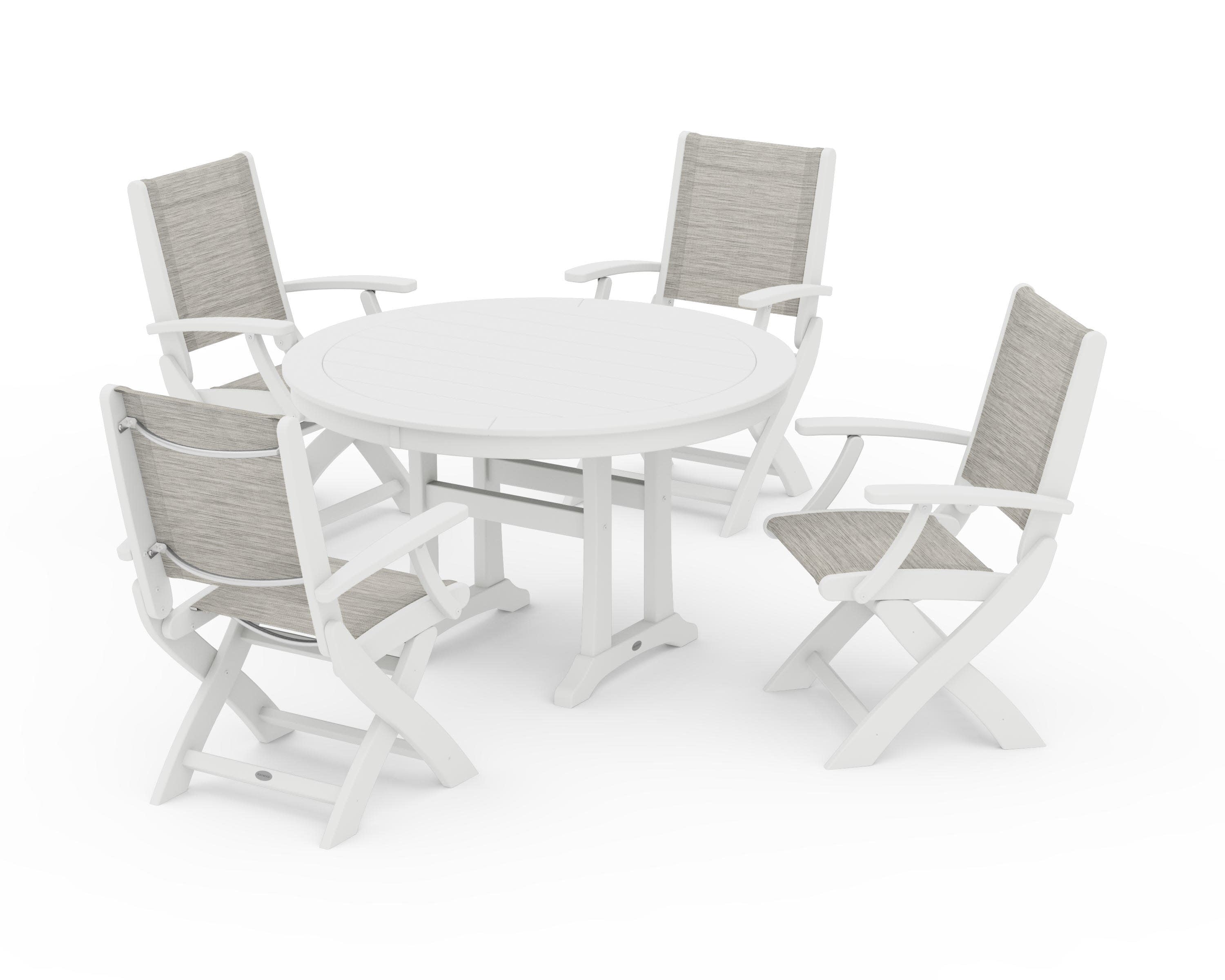 Coastal Folding Chair 5-Piece Round Dining Set with Trestle Legs in White / Birch Sling