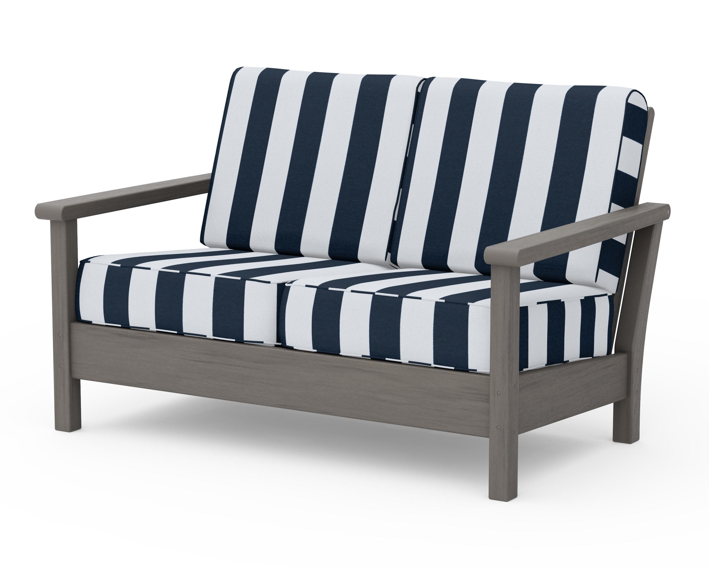 Harbour Deep Seating Loveseat in Driftwood / Cabana Stripe Marine Indigo