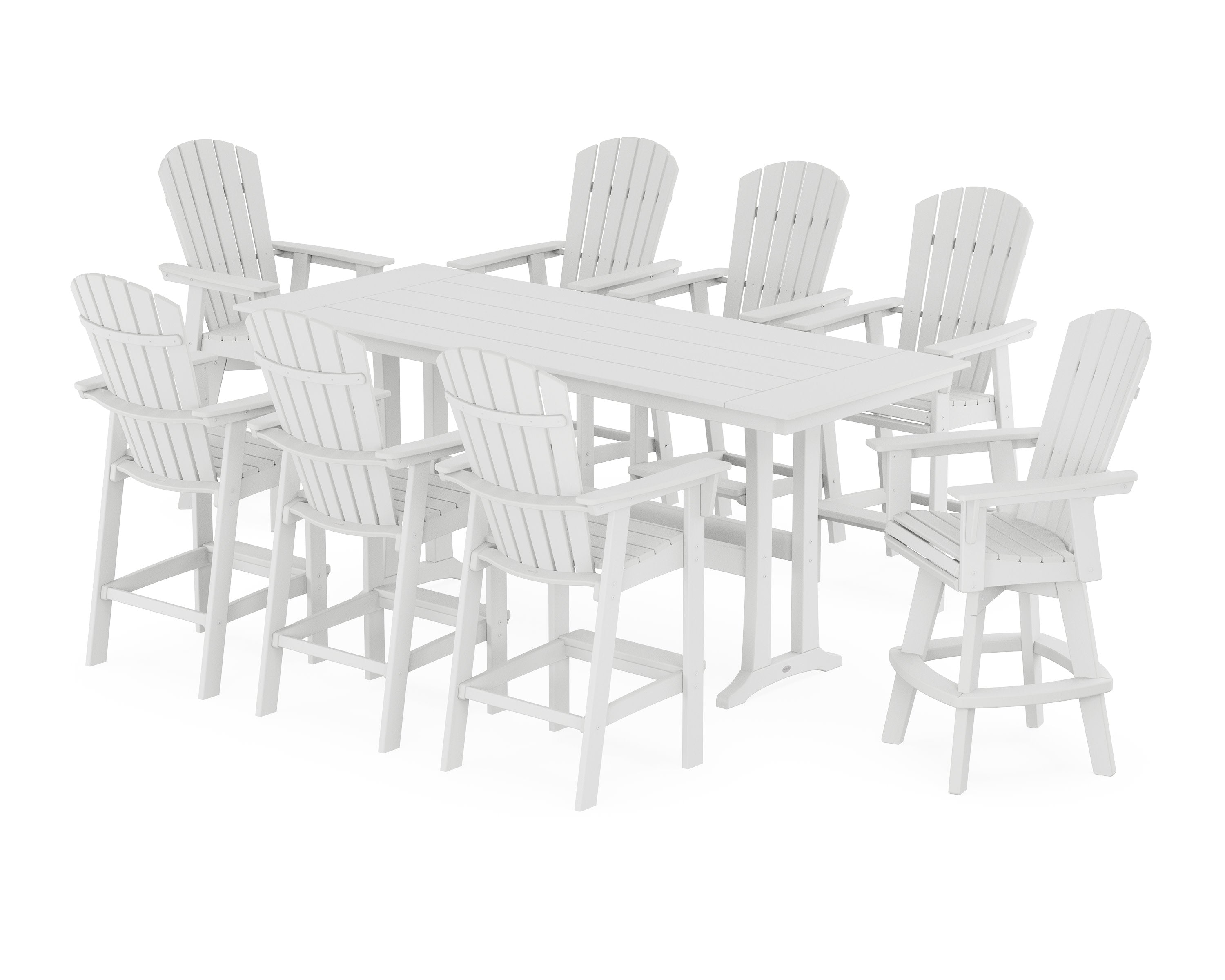 Nautical Curveback Adirondack Swivel Chair 9-Piece Farmhouse Bar Set with Trestle Legs in White