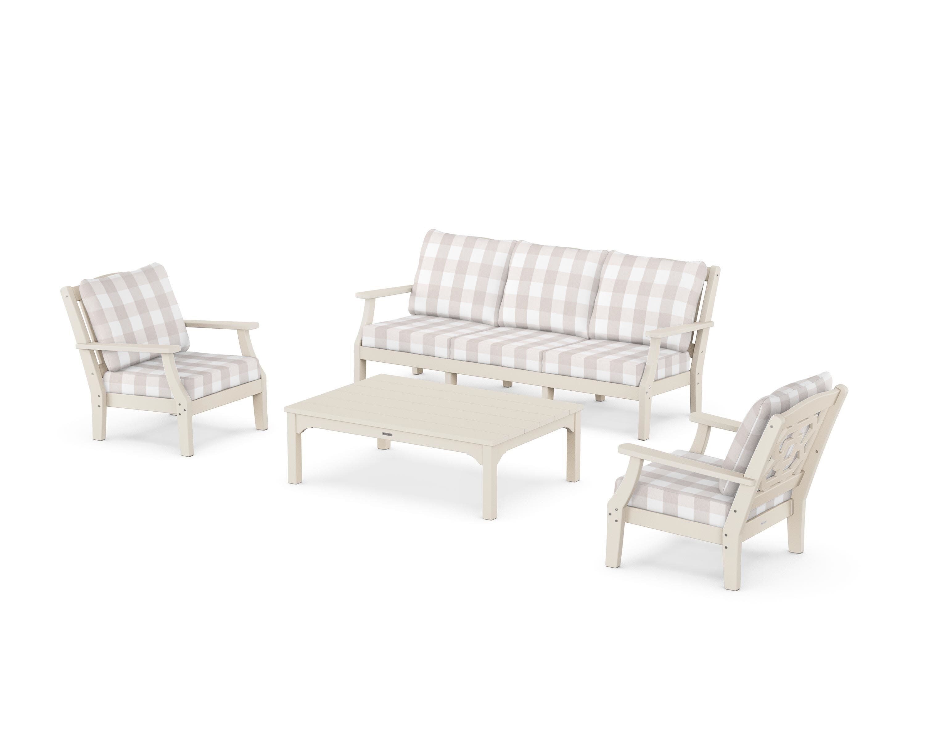 Chinoiserie 4-Piece Deep Seating Set with Sofa in Sand / Buffalo Plaid Dune Burlap