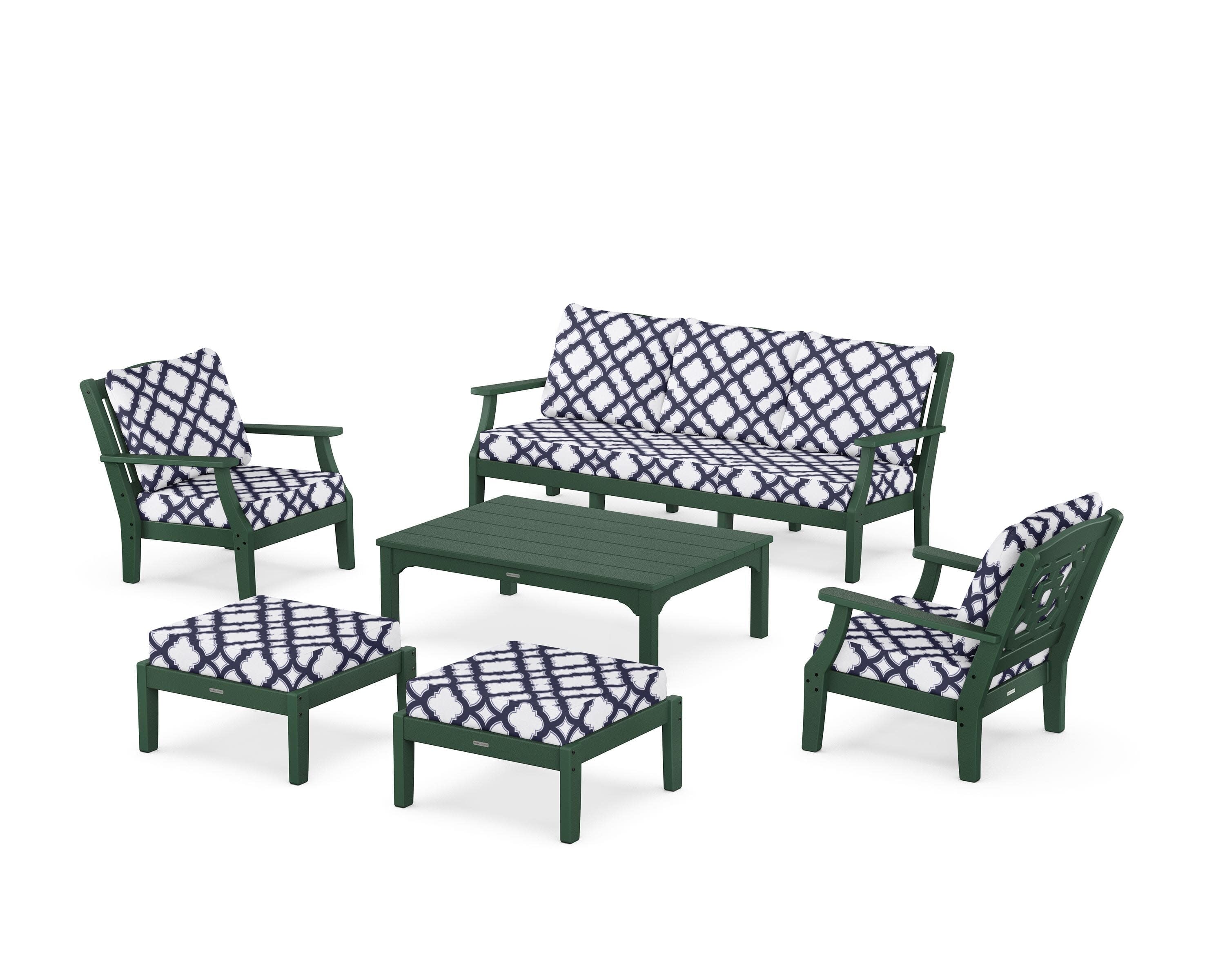 Chinoiserie 6-Piece Lounge Sofa Set in Green / Trellis Navy