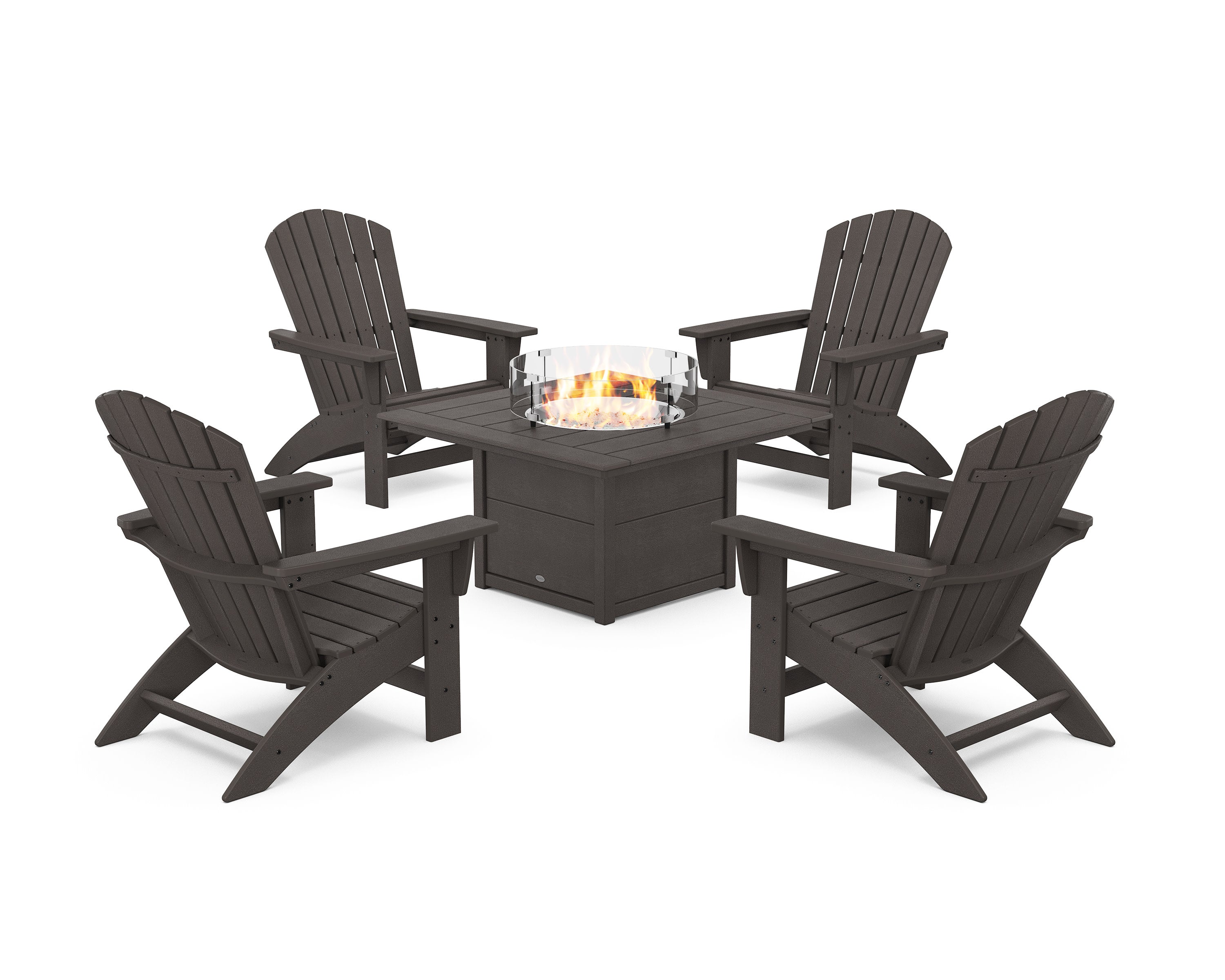 5-Piece Nautical Grand Adirondack Conversation Set with Fire Pit Table in Vintage Coffee