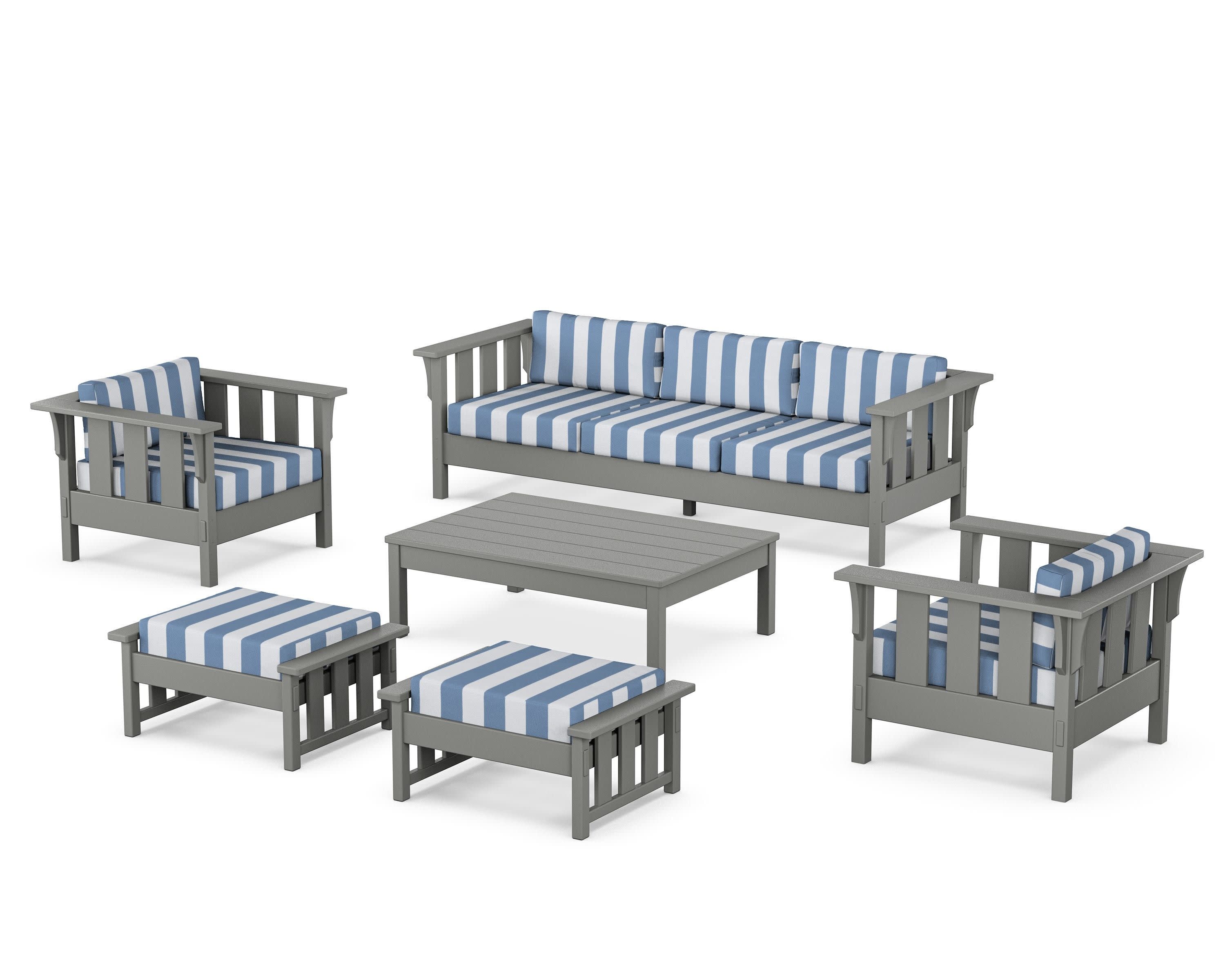 Acadia 6-Piece Lounge Sofa Set in Slate Grey / Cabana Stripe Sky Blue