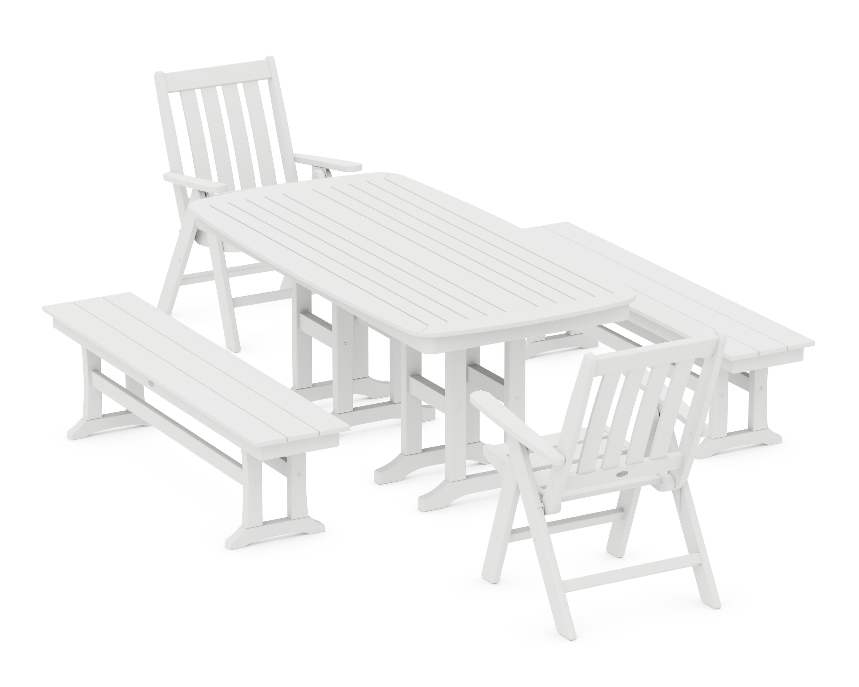 Vineyard Folding Chair 6-Piece Dining Set with Benches in White