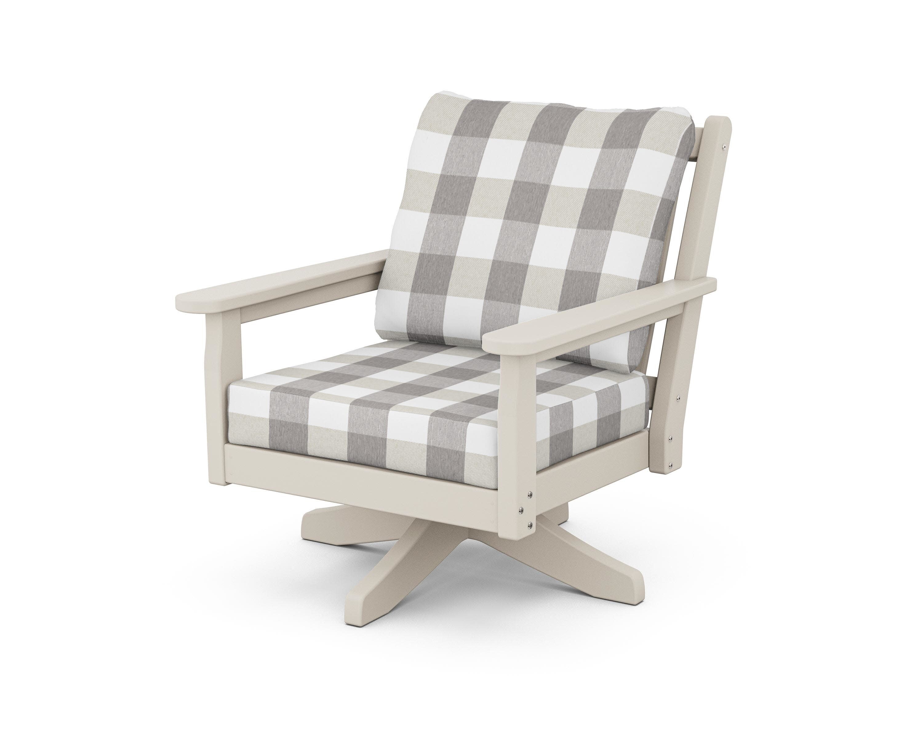 Chippendale Deep Seating Swivel Chair in Sand / Buffalo Plaid Grey Mist