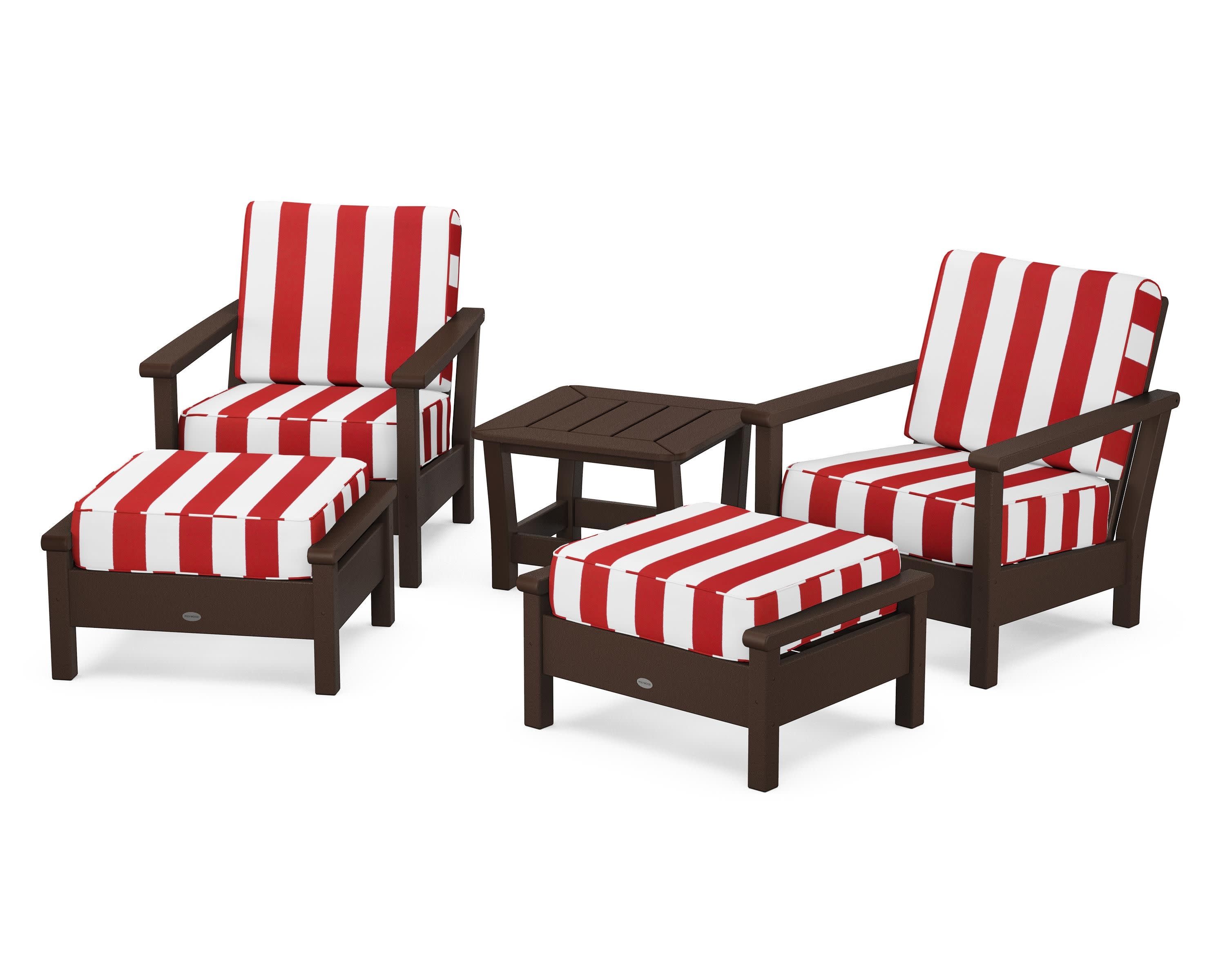 Harbour 5-Piece Deep Seating Chair Set in Mahogany / Cabana Stripe Crimson
