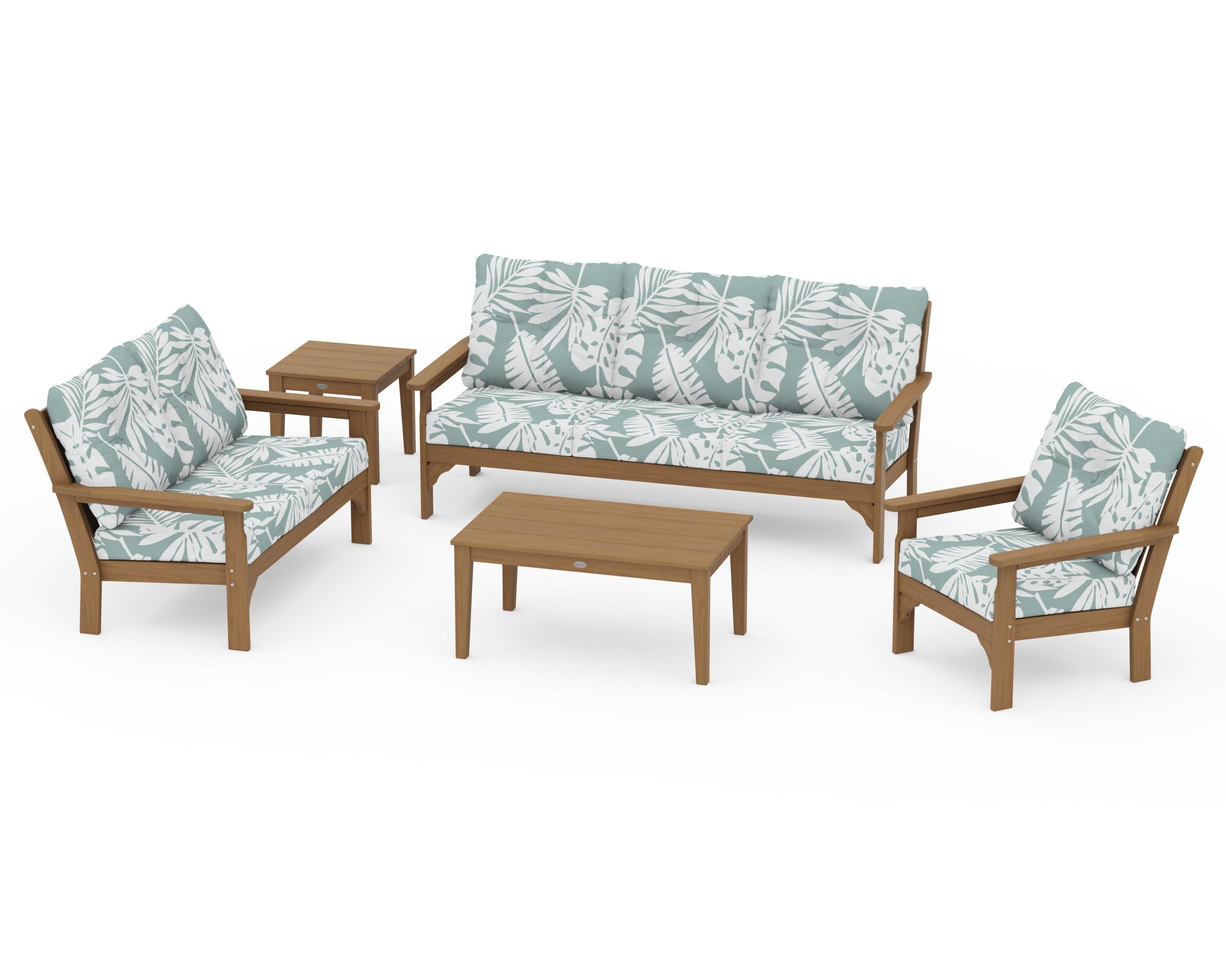 Vineyard 5 Piece Deep Seating Set in Natural / Leaf Glacier Spa