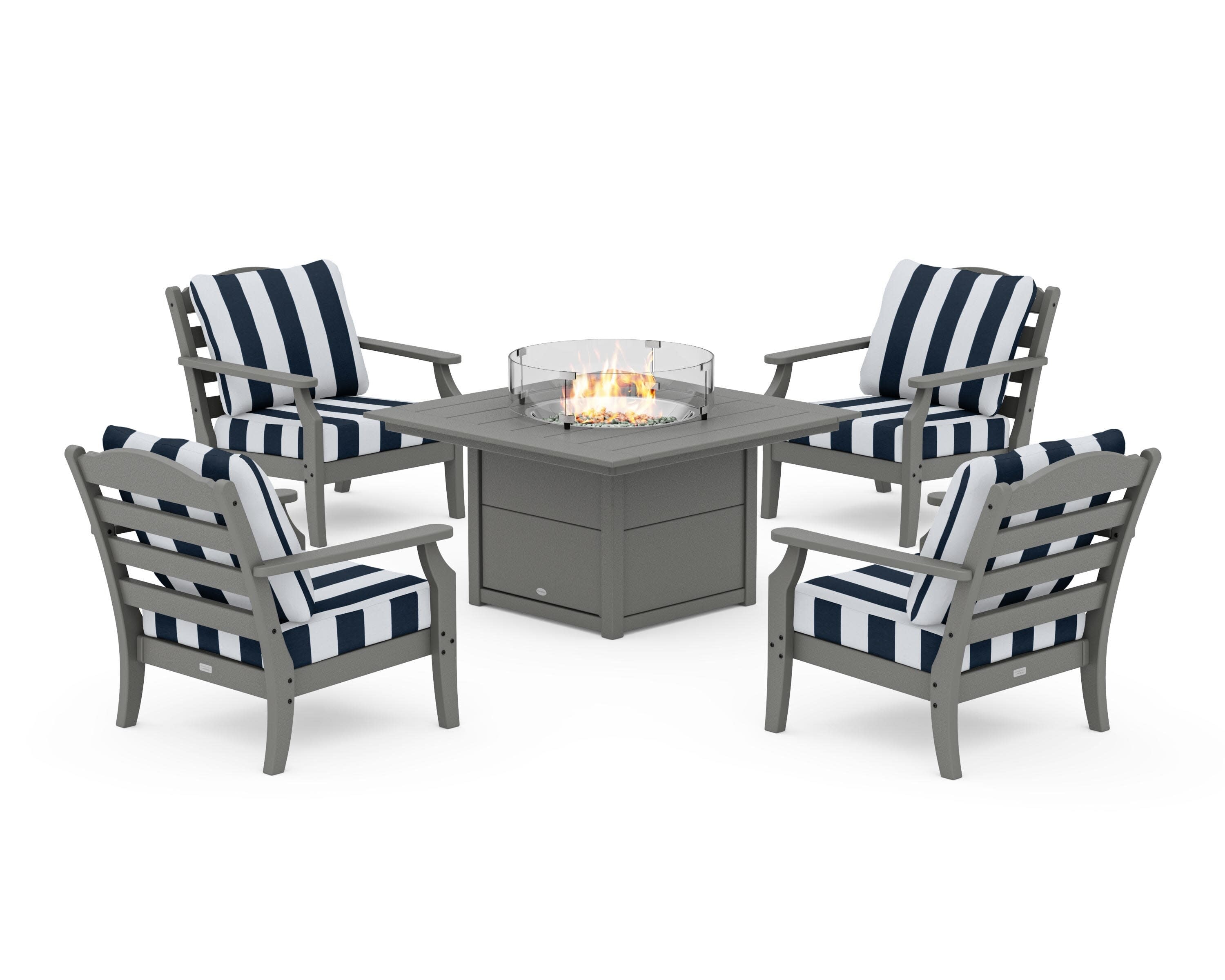 Savannah 5-Piece Deep Seating Set with Fire Pit Table in Slate Grey / Cabana Stripe Marine Indigo