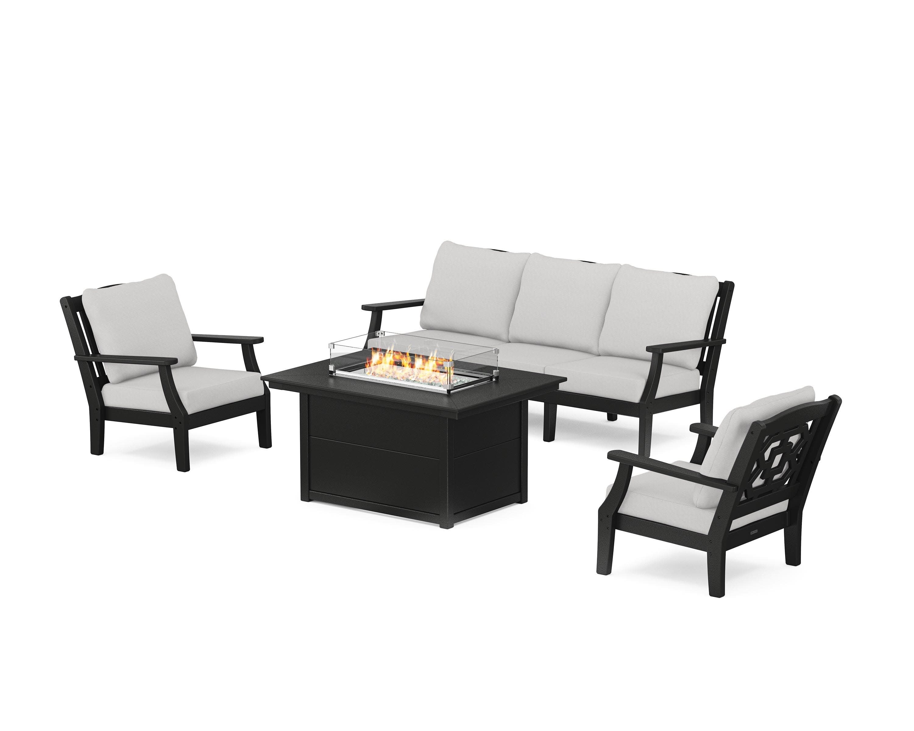 Chinoiserie Deep Seating Fire Pit Table Set in Black / Diamond in the Rough