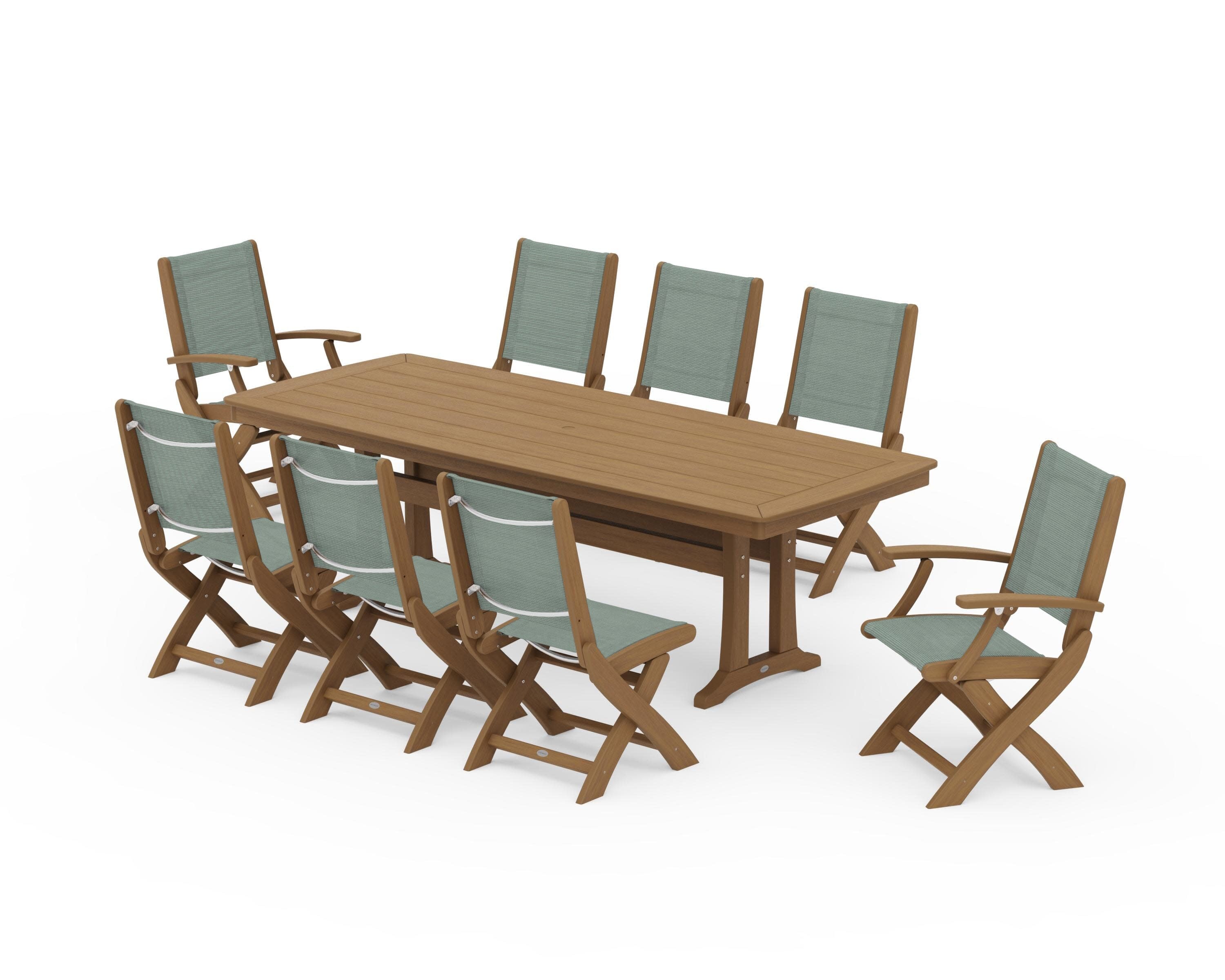 Coastal Folding 9-Piece Dining Set with Trestle Legs in Natural / Dupioni Sea Mist Sling