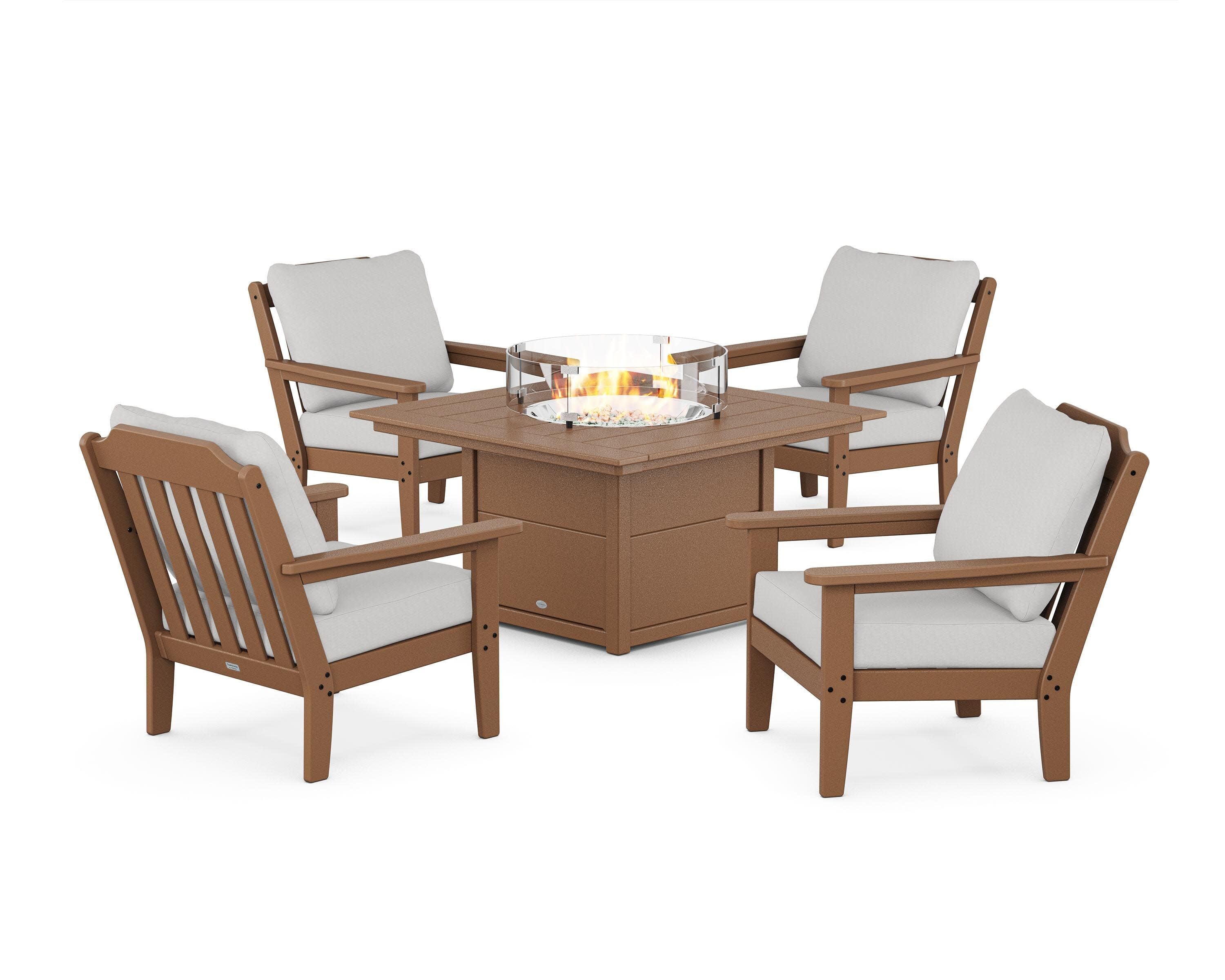Cottage 5-Piece Deep Seating Set with Fire Pit Table in Teak / Diamond in the Rough