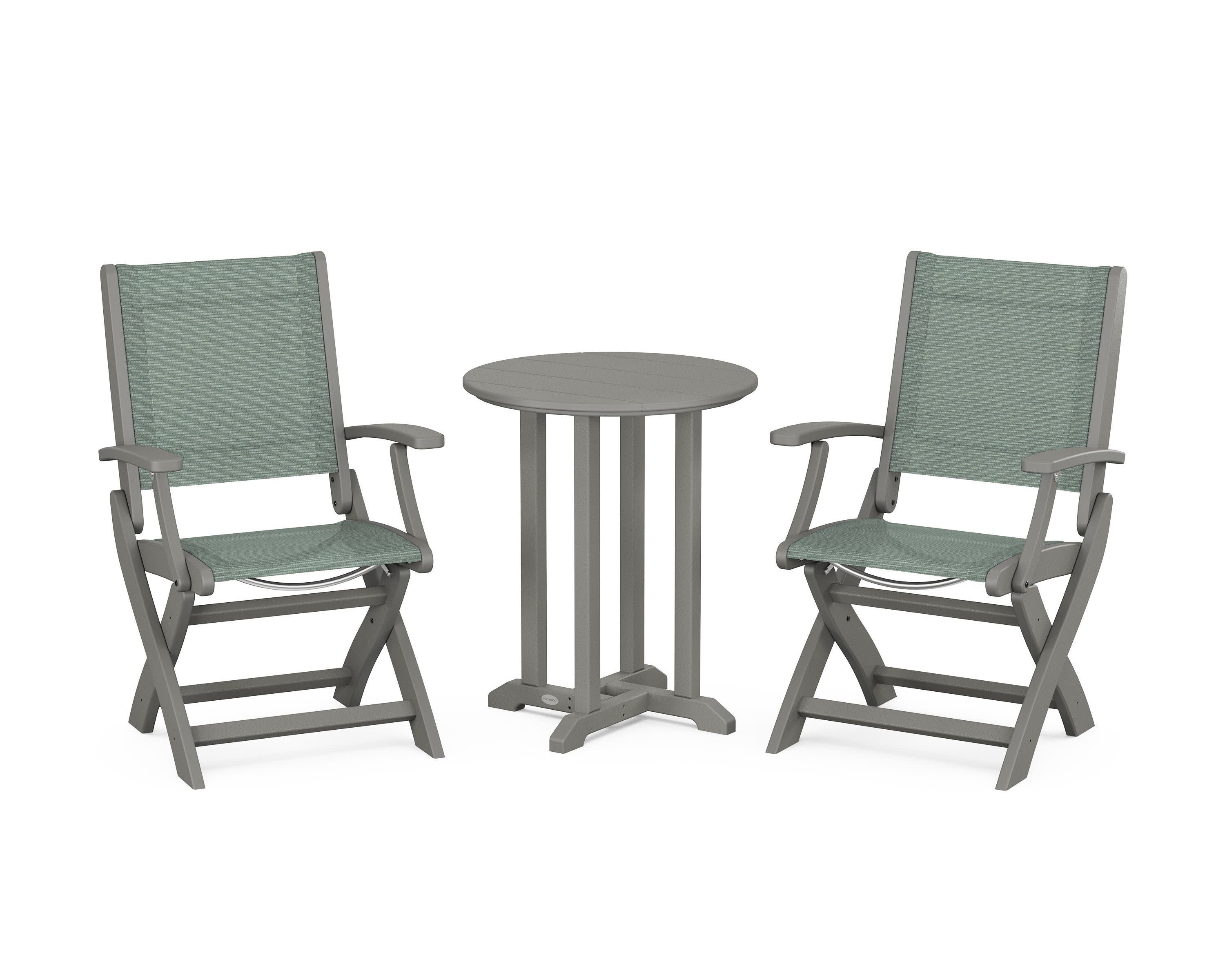 Coastal Folding 3-Piece Round Bistro Dining Set in Slate Grey / Dupioni Sea Mist Sling