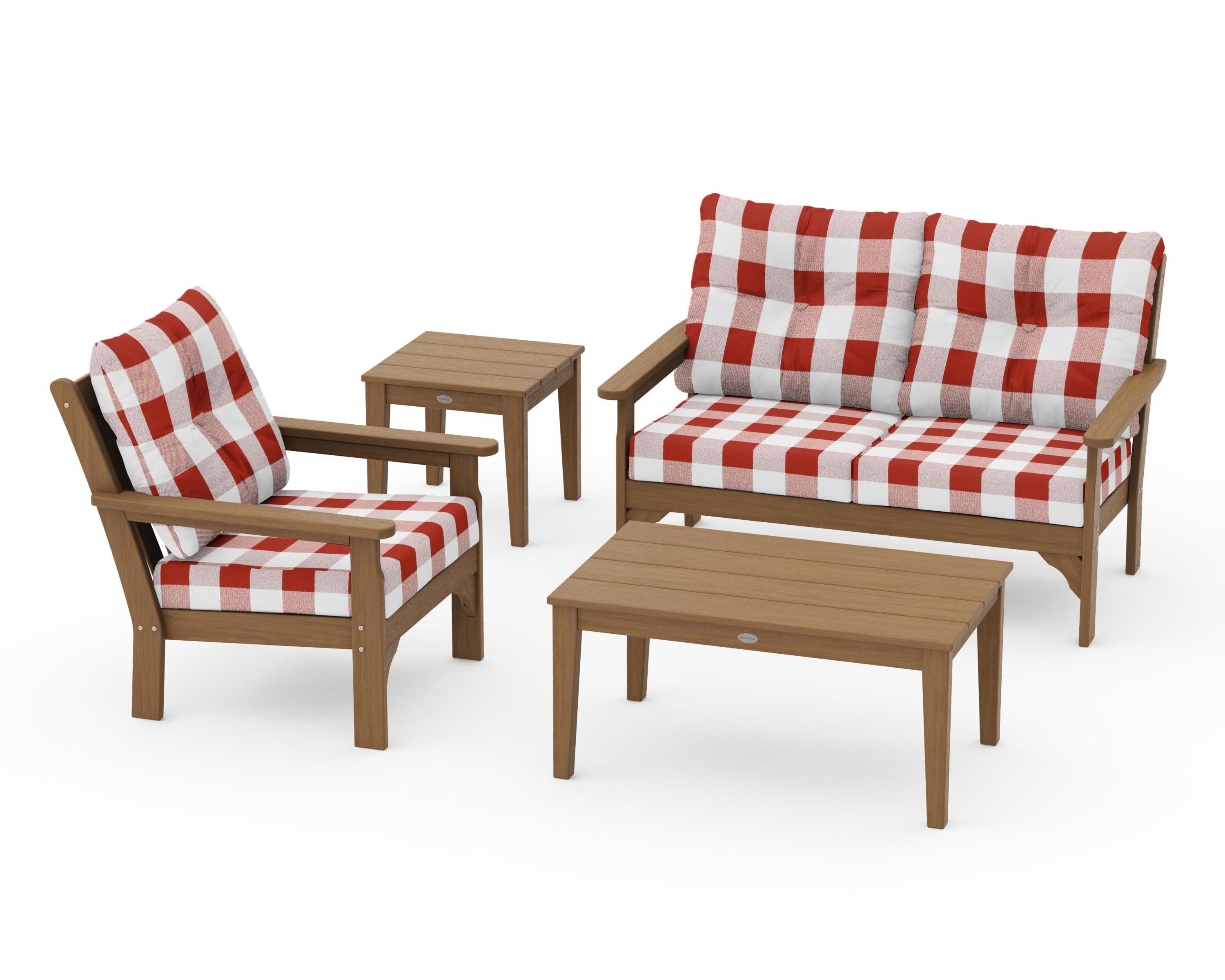 Vineyard 4-Piece Deep Seating Set in Natural / Buffalo Plaid Crimson