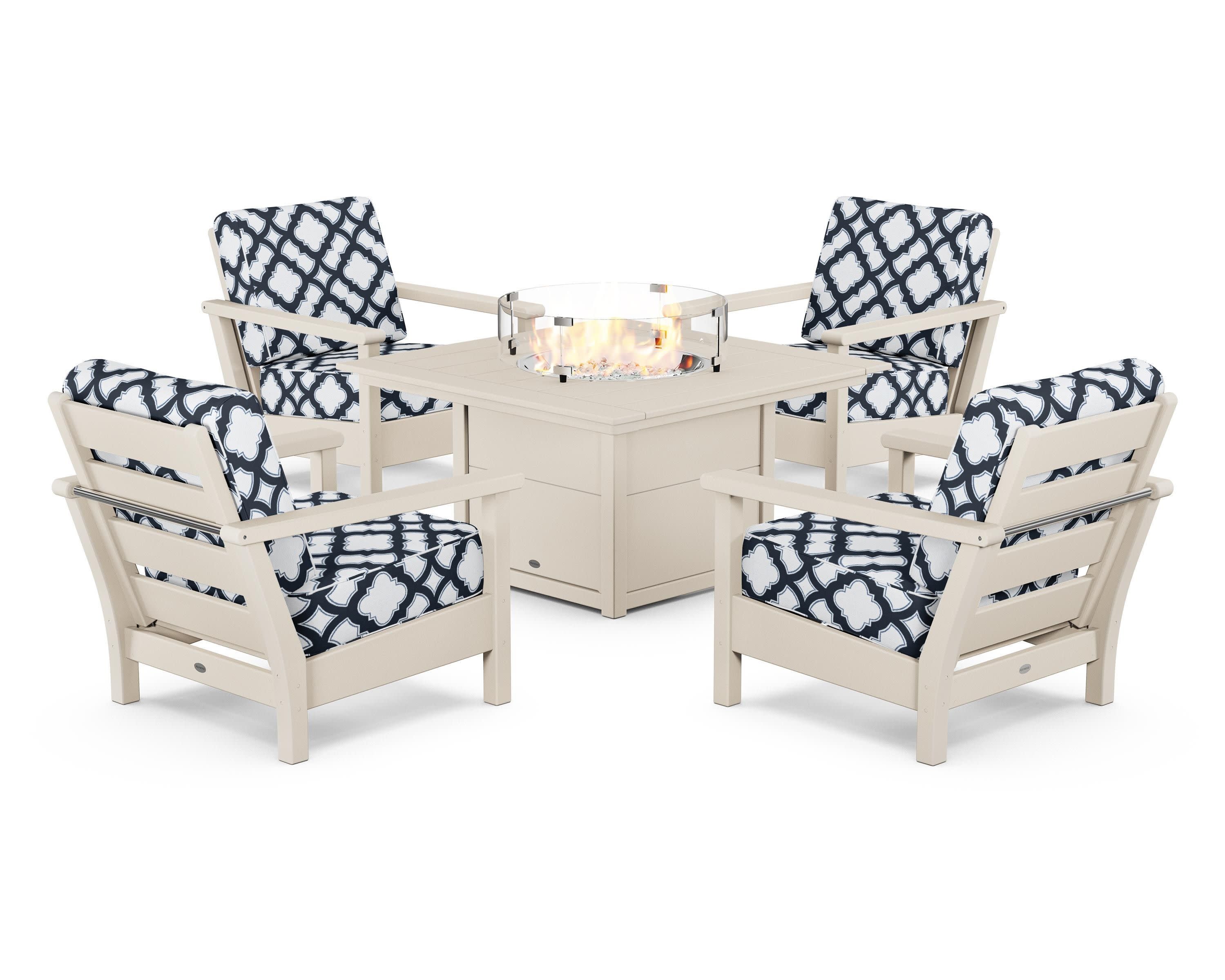 Harbour 5-Piece Conversation Set with Fire Pit Table in Sand / Trellis Marine Indigo