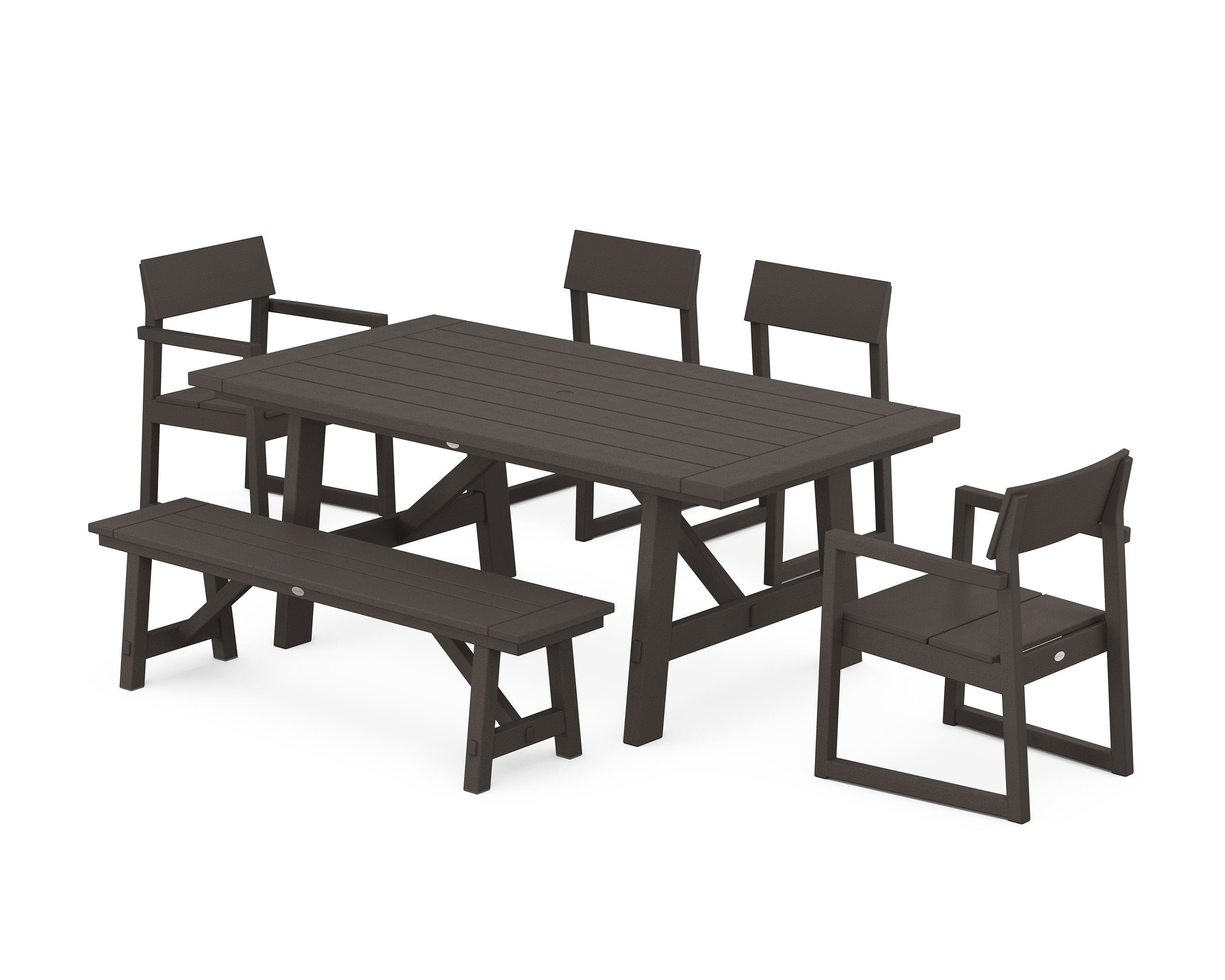 EDGE 6-Piece Rustic Farmhouse Dining Set with Bench in Vintage Coffee