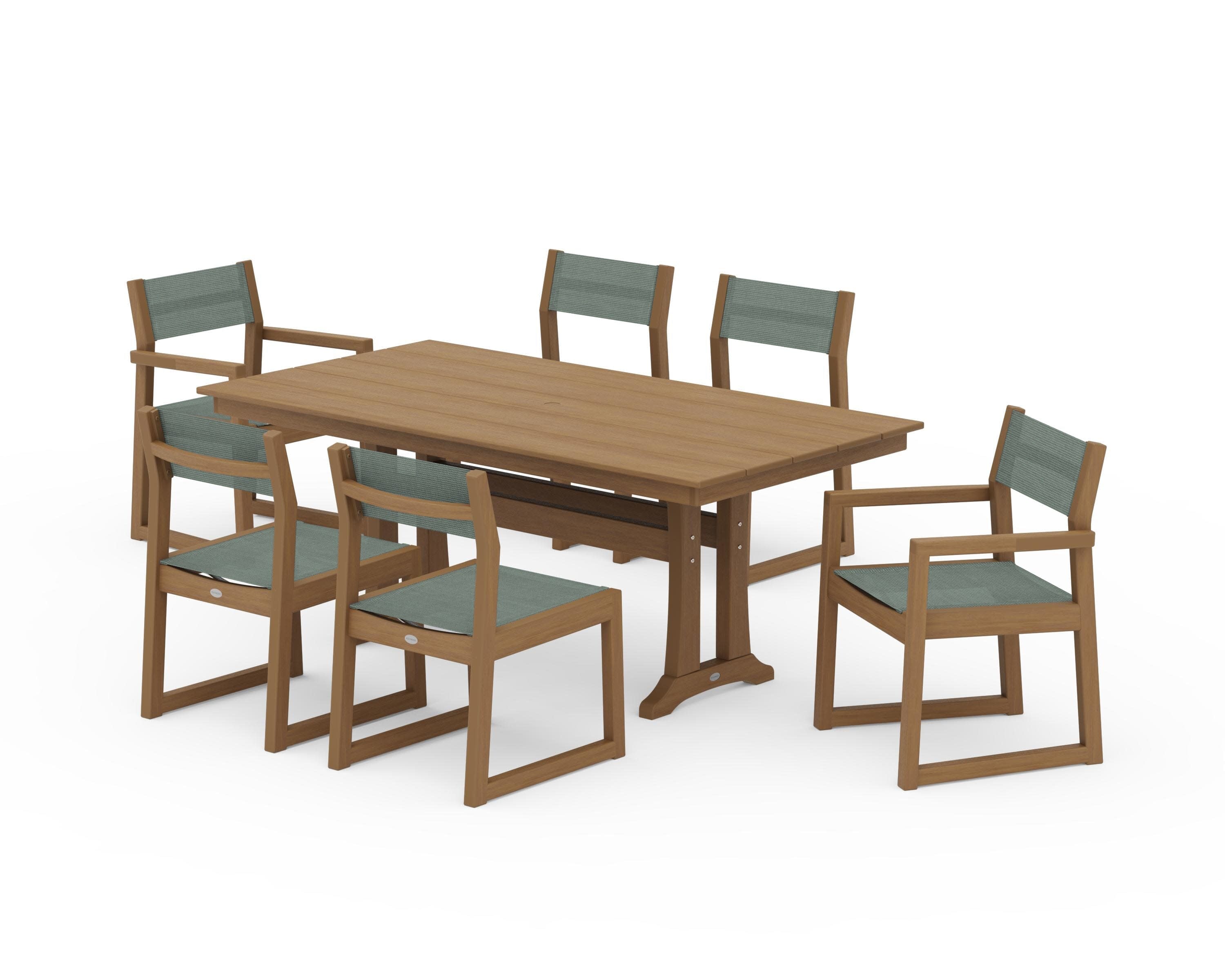 EDGE Sling 7-Piece Farmhouse Trestle Dining Set in Natural / Dupioni Sea Mist Sling