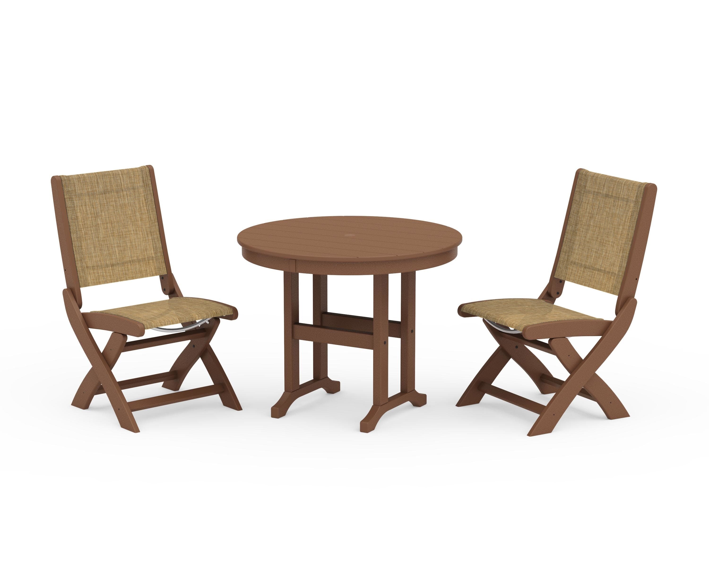 Coastal Folding Side Chair 3-Piece Round Dining Set in Teak / Burlap Sling