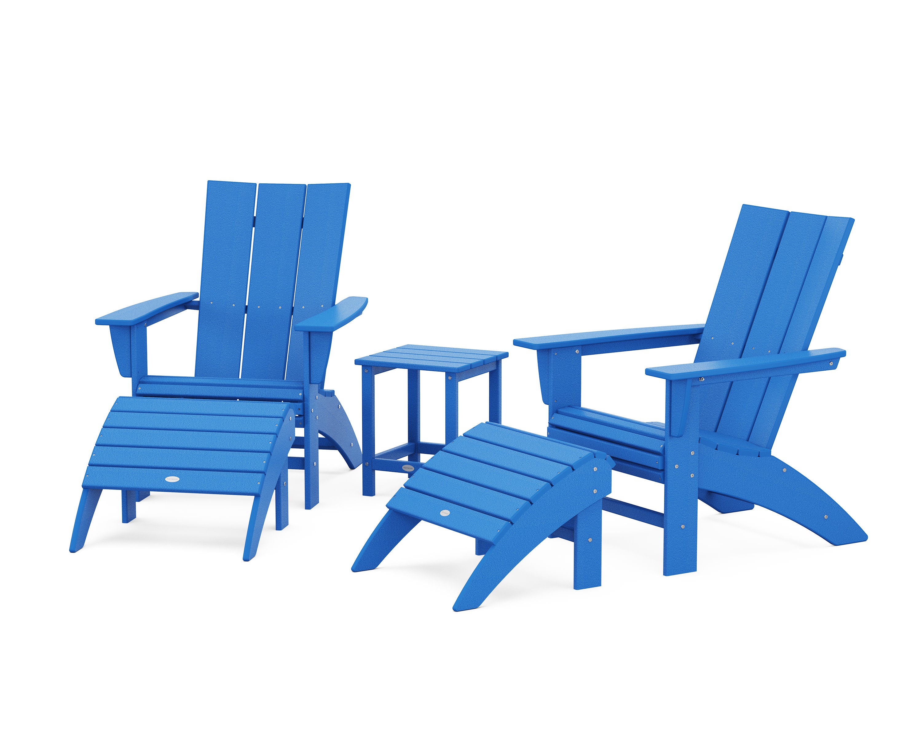 Modern Curveback Adirondack Chair 5-Piece Set with Ottomans and 18" Side Table in Pacific Blue