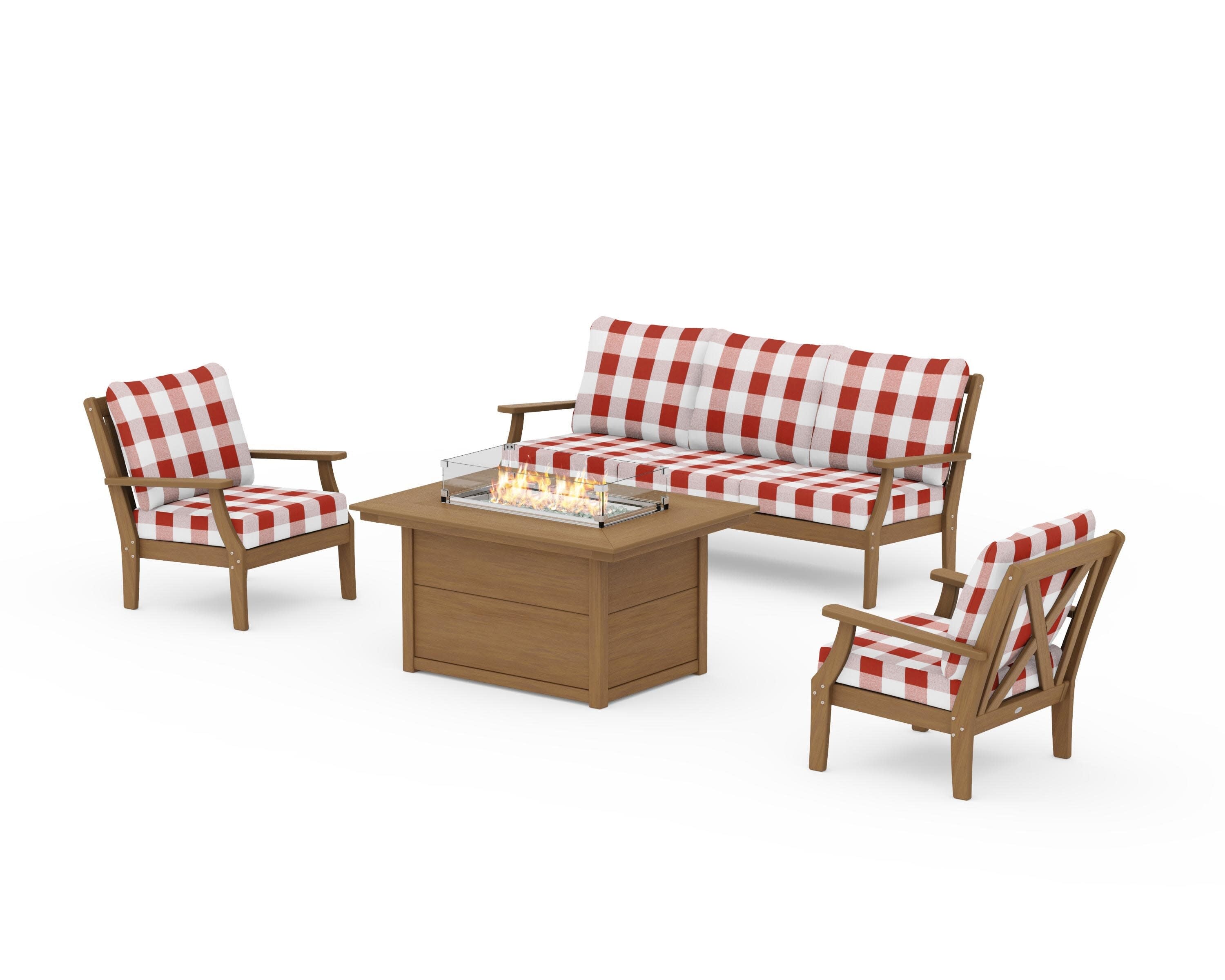 Braxton Deep Seating Fire Pit Table Set in Natural / Buffalo Plaid Crimson