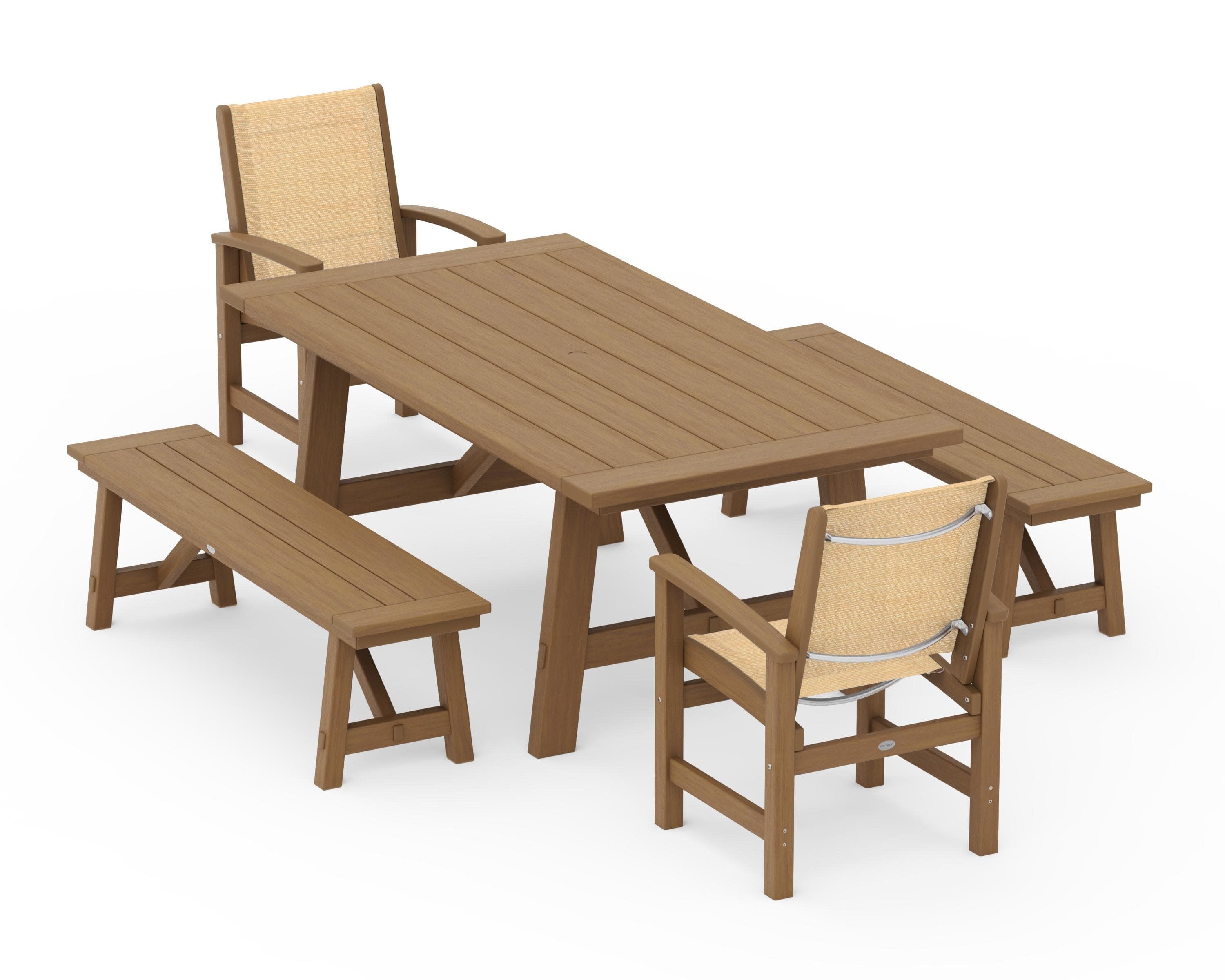 Coastal 5-Piece Rustic Farmhouse Dining Set With Benches in Natural / Dupioni Apricot Sling